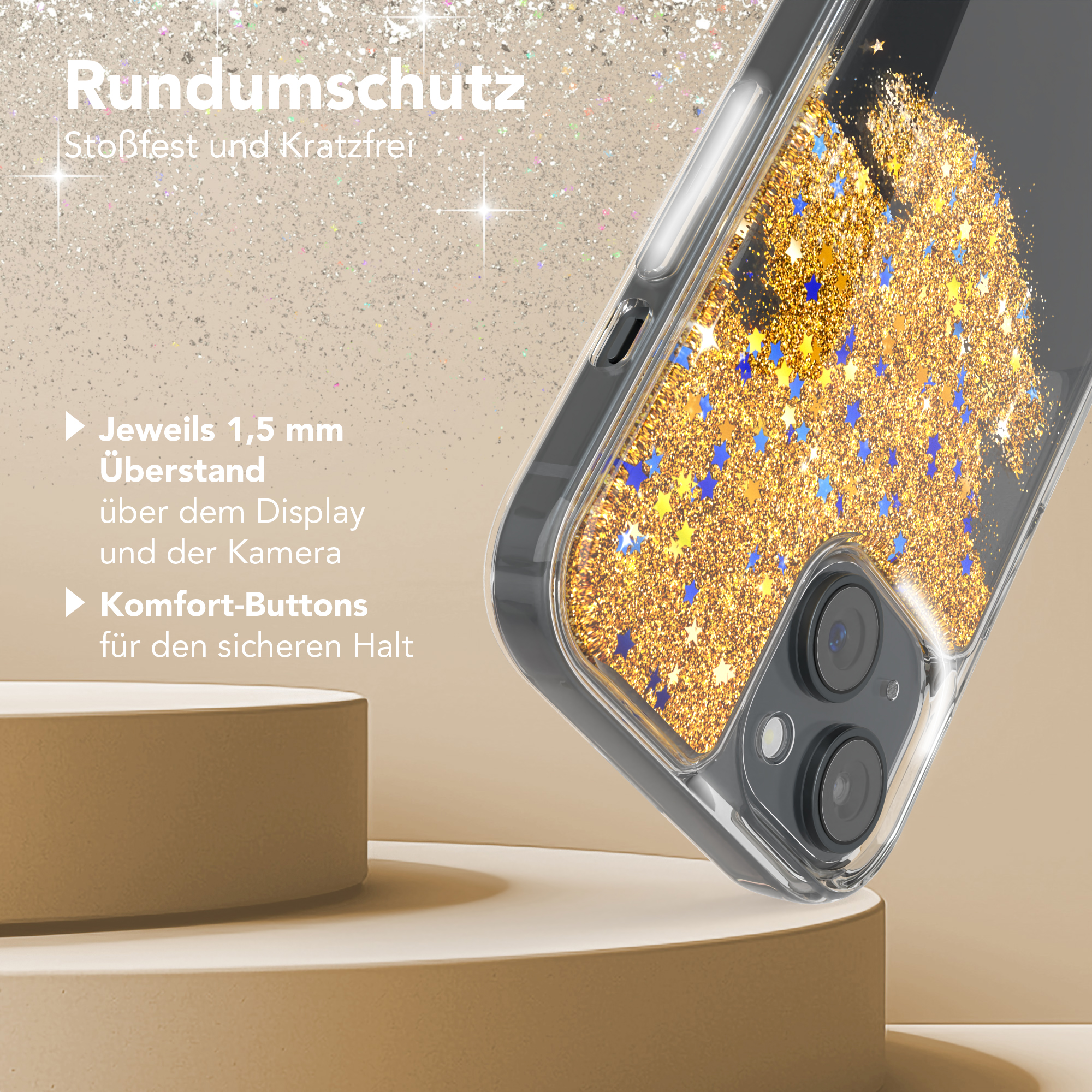 Transparente Handyhülle mit goldenem Glitzer und blauen Sternen, auf neutralem Hintergrund mit Text.