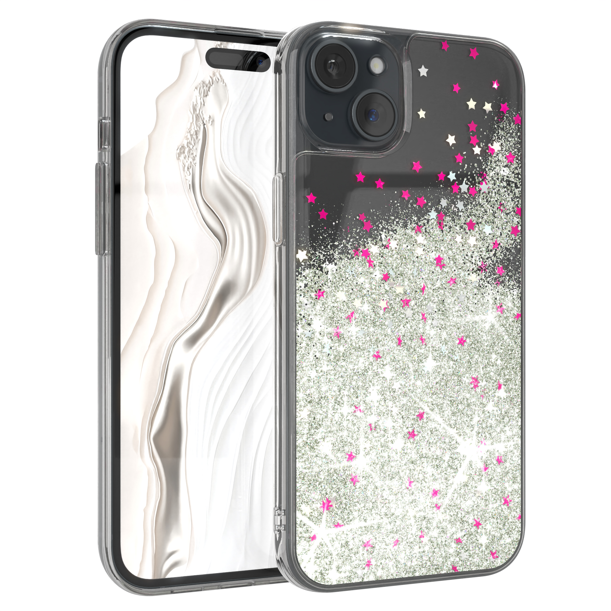 Case, EAZY 15 CASE Plus, iPhone Apple, Silber Glittery Liquid Backcover,