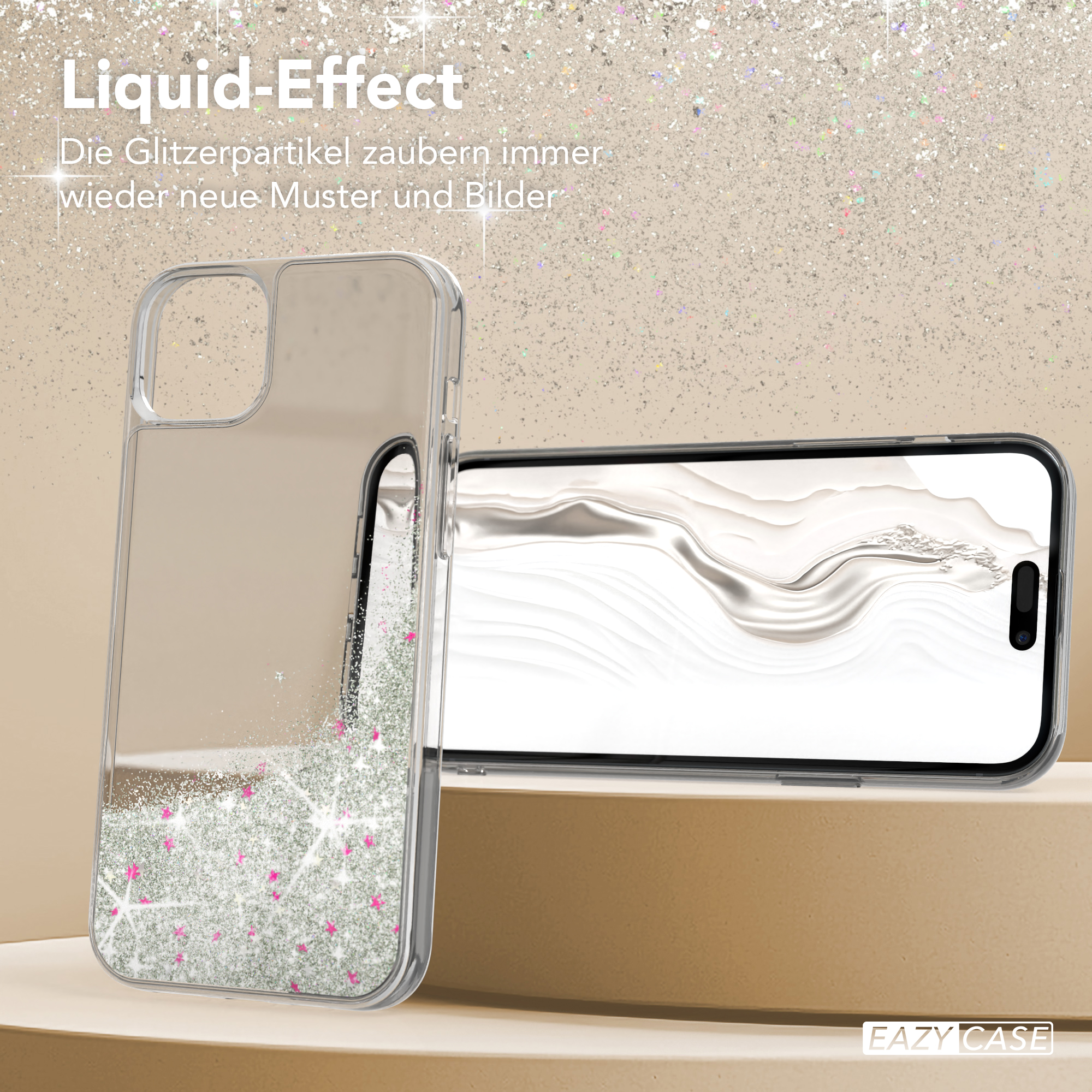 Transparente Handyhülle mit Glitzer und Telefon. Das Telefon ist in der Hülle.