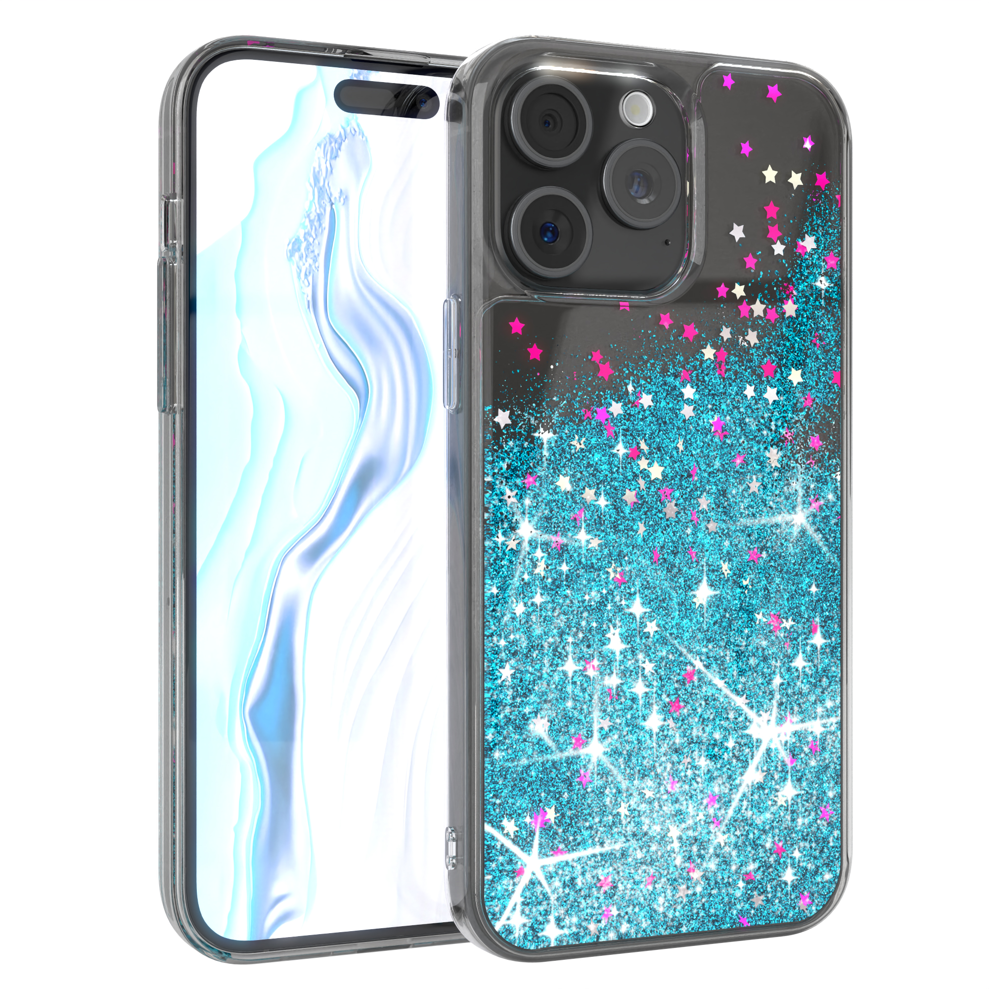 EAZY CASE Liquid Glittery Case, Apple, iPhone 15 Backcover, Blau Pro Max