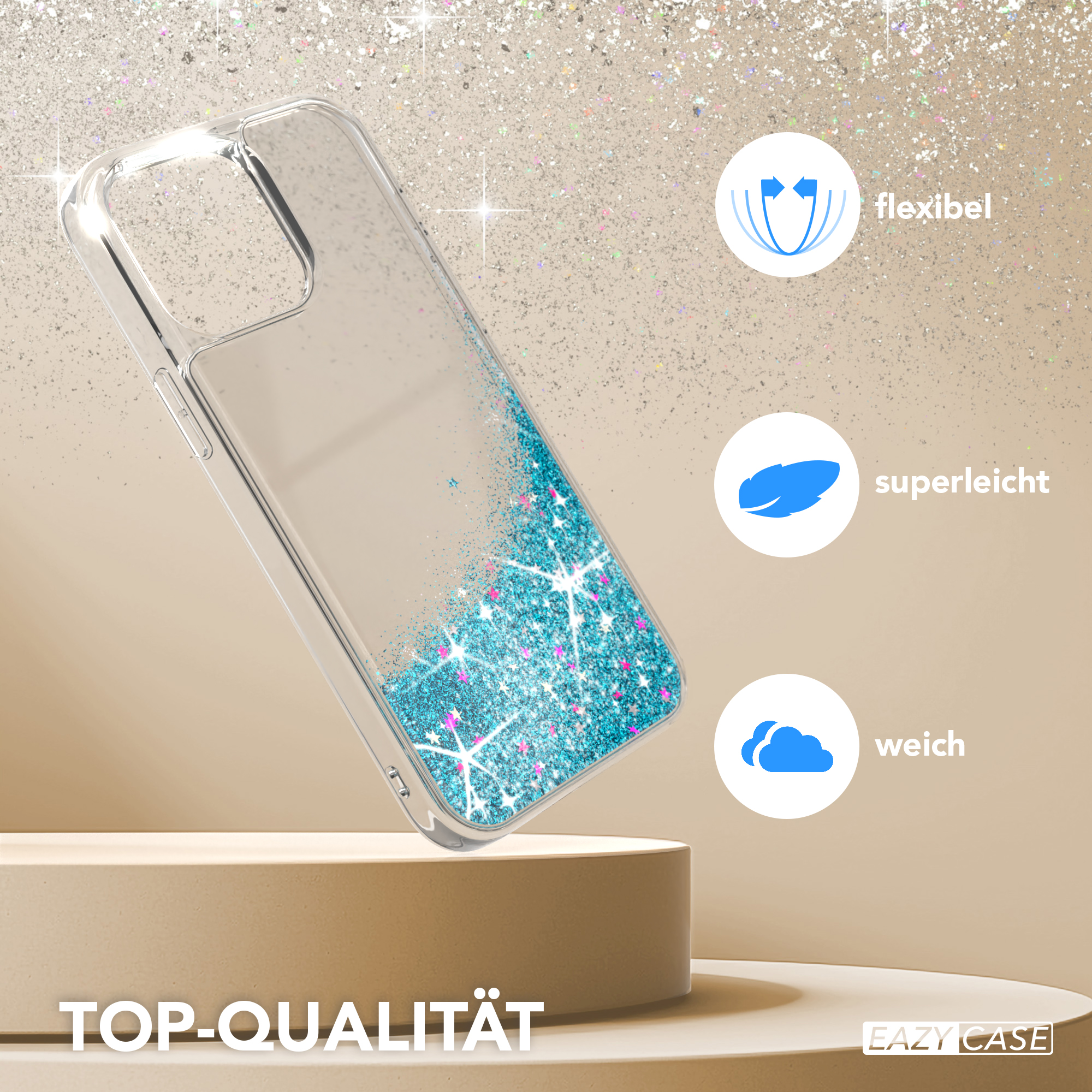 EAZY CASE Max, Backcover, Apple, Case, Blau Pro Liquid Glittery 15 iPhone