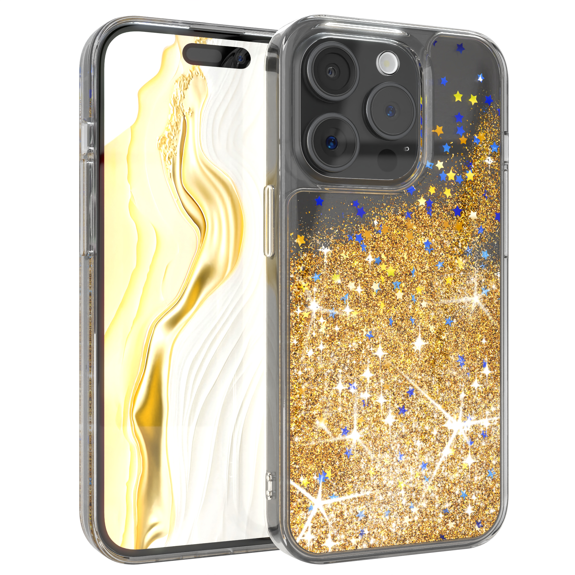 Handyhülle mit Glitzer und Sternen, mit klaren Seiten, mit Telefon, auf weißem Hintergrund.