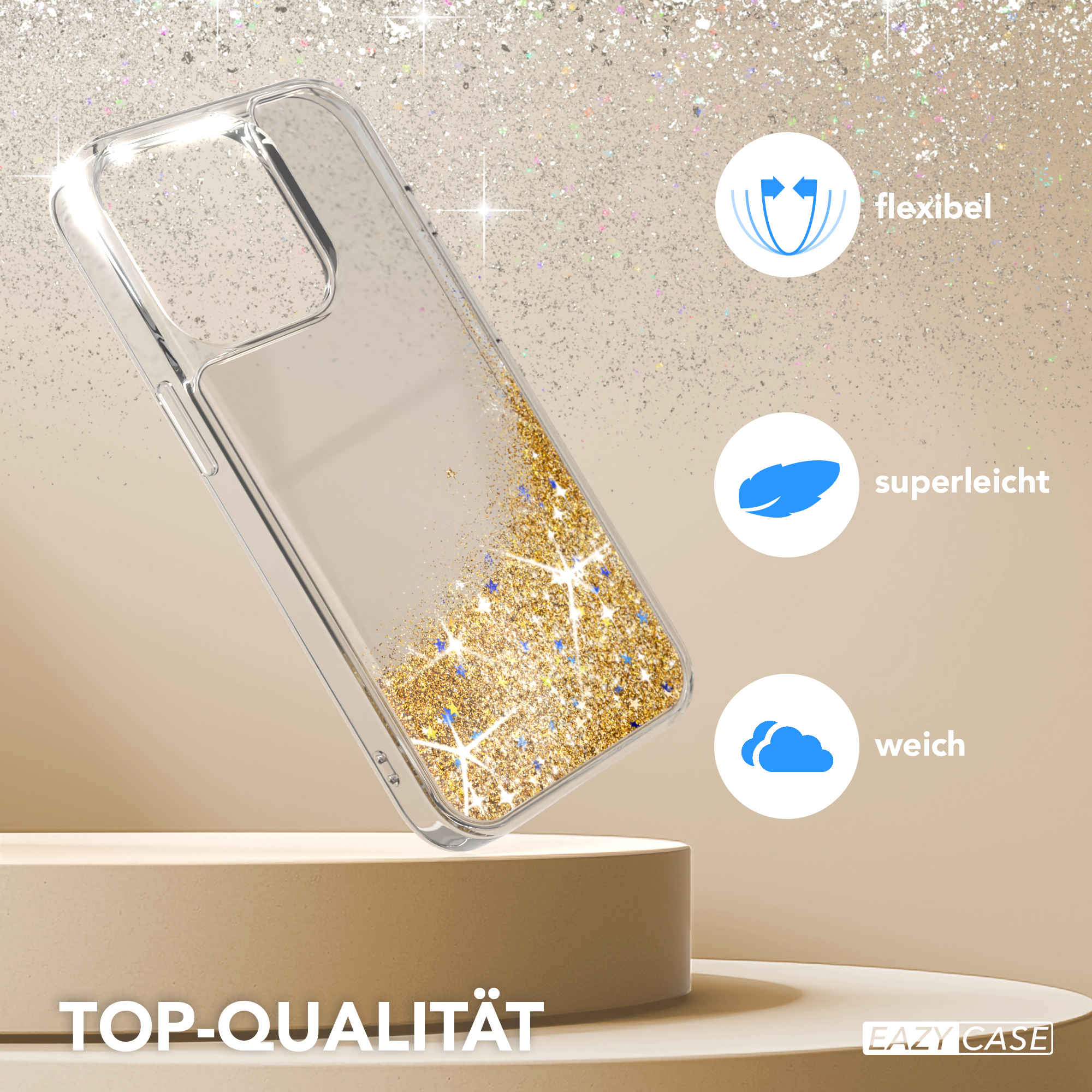 Eine transparente Handyhülle mit goldenem Glitzer. Sie steht auf einem Ständer mit Text: TOP-QUALITÄT.