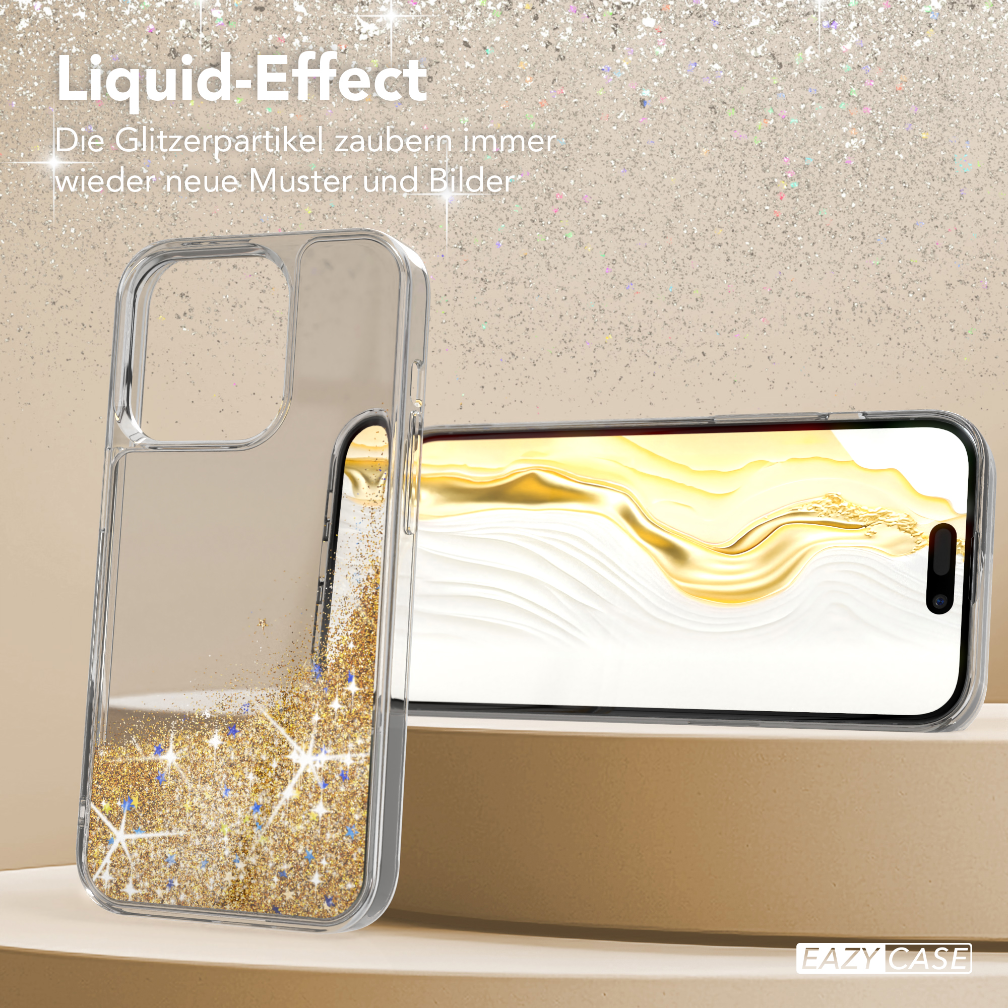 Eine transparente Handyhülle mit Flüssigkeitsglitzer und einem Handy darin, auf goldener Oberfläche.