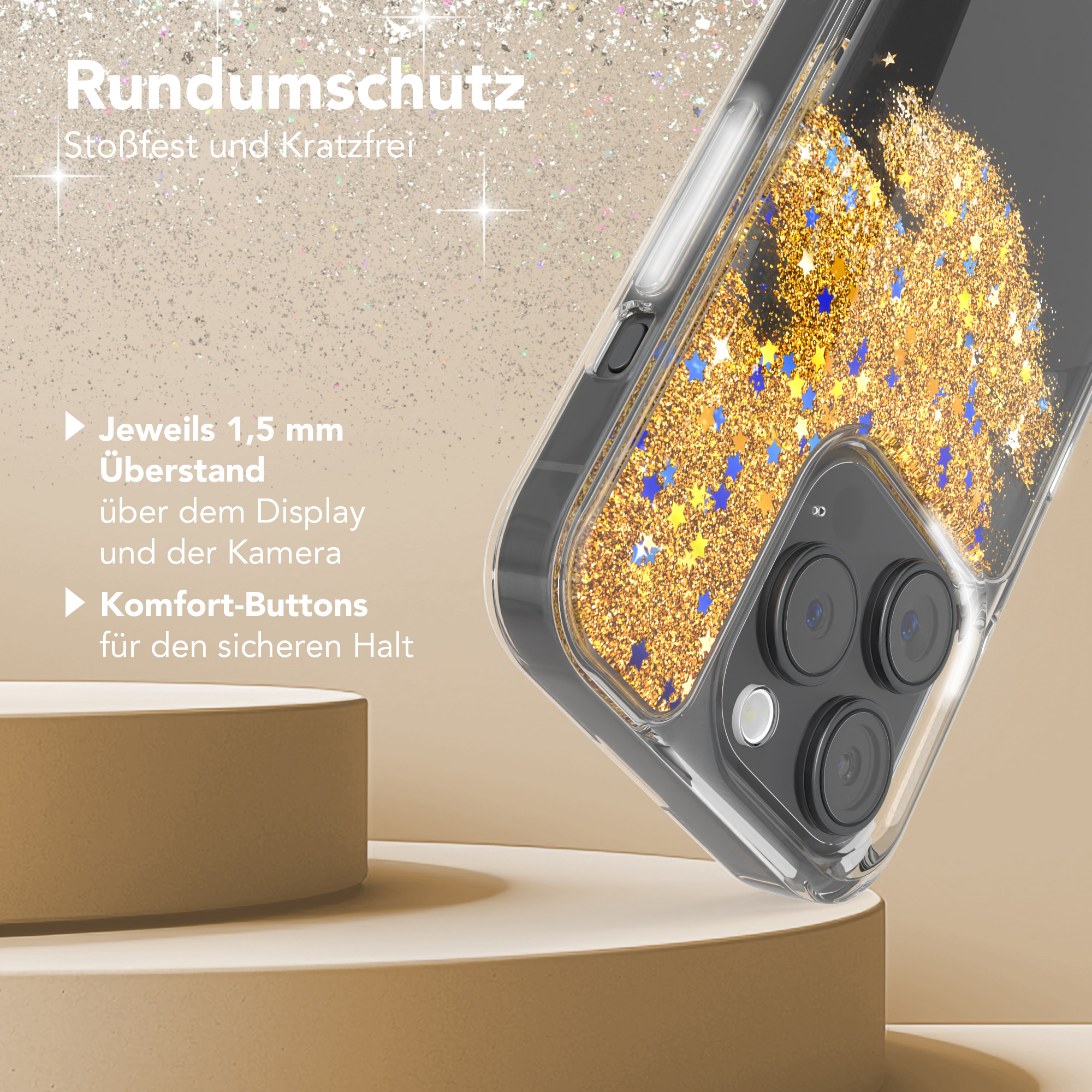 Eine Handyhülle mit goldenen Sternen. Sie hat eine transparente Rückseite und einen schwarzen Kamerabereich.
