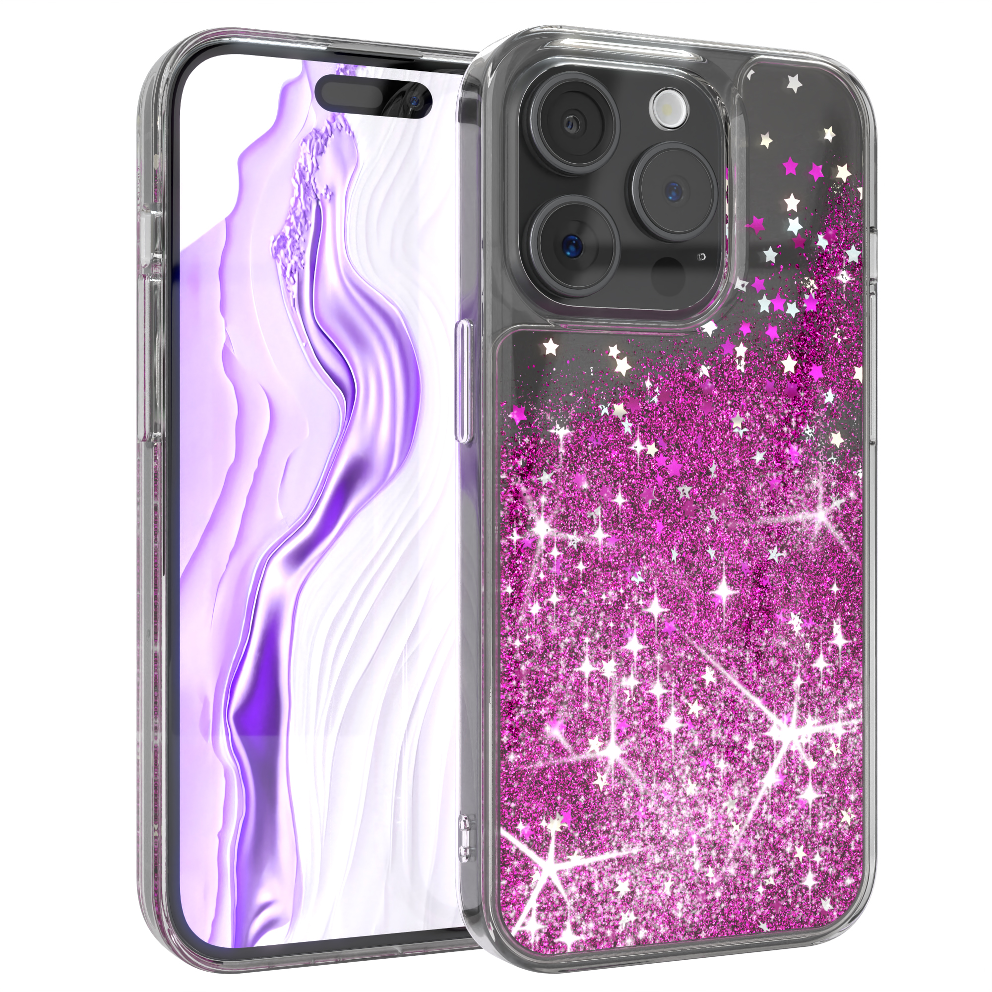 Telefon in einer durchsichtigen Hülle mit Glitzer und Sternen. Das Telefon zeigt ein verschwommenes lila Bild.