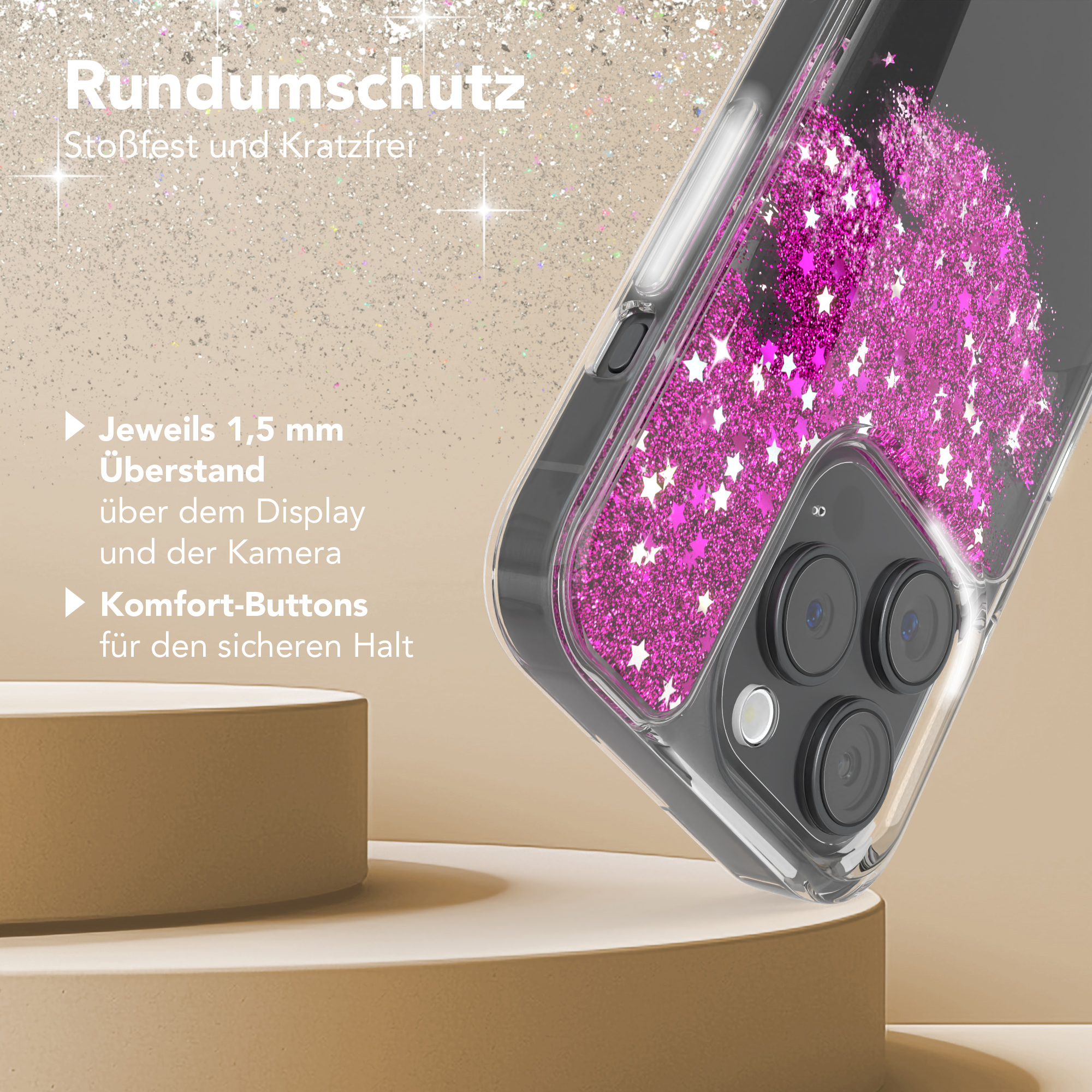 Eine Handyhülle mit rosa Glitzer und weißen Sternen. Die Hülle hat einen schwarzen Rahmen und eine transparente Rückseite.