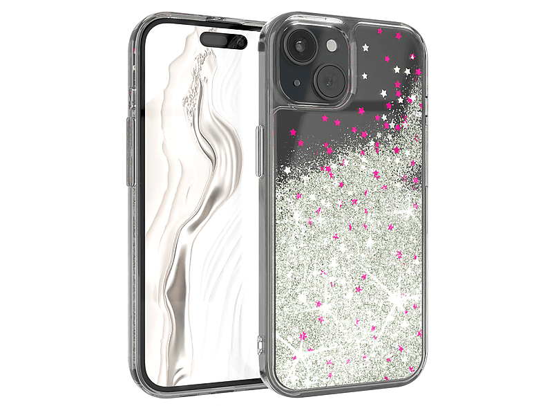 EAZY CASE Liquid Glittery Apple, iPhone 15, Backcover, Silber Case