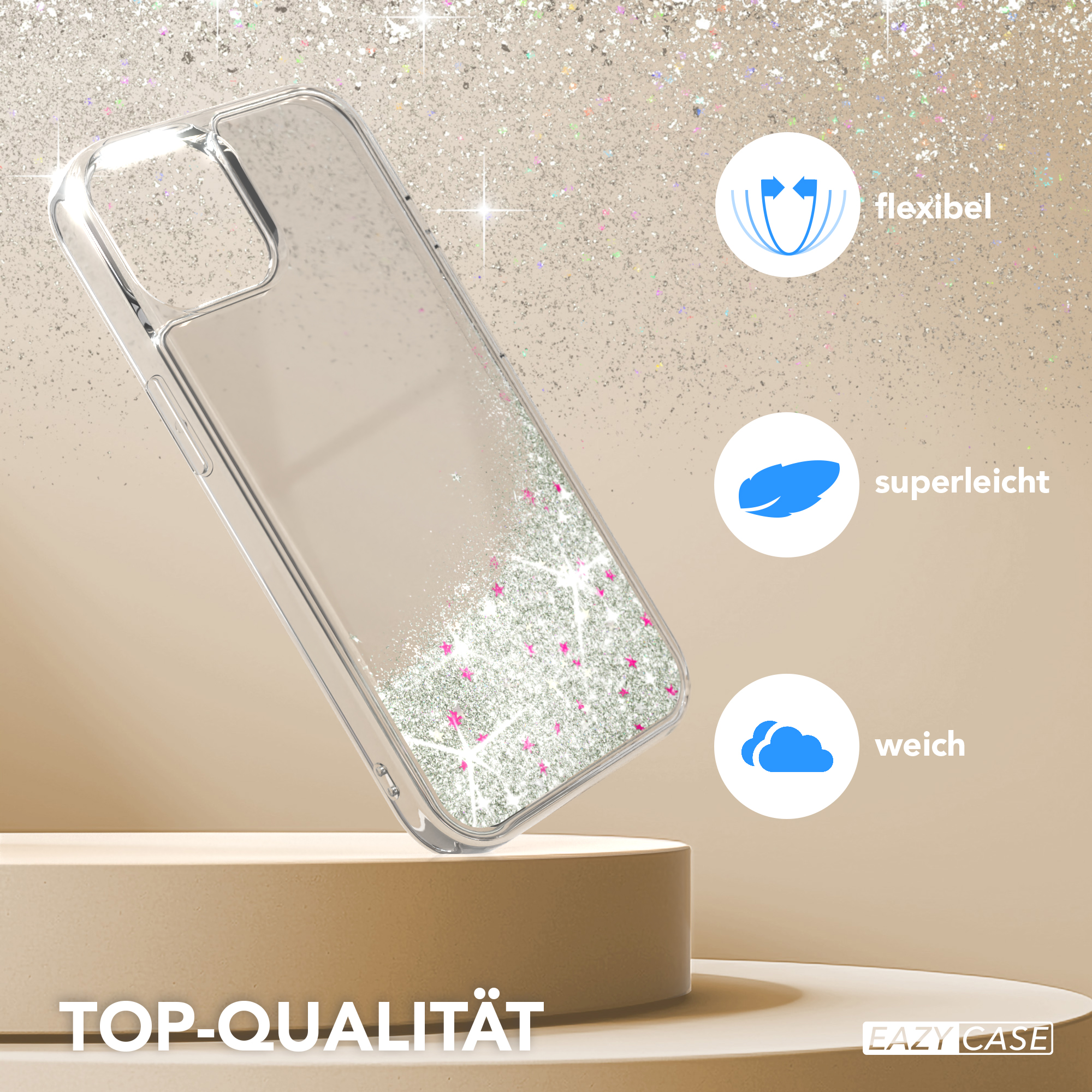Transparente Handyhülle mit Glitzer, mit Flex-, Licht- und Soft-Icons, auf beigem Ständer.