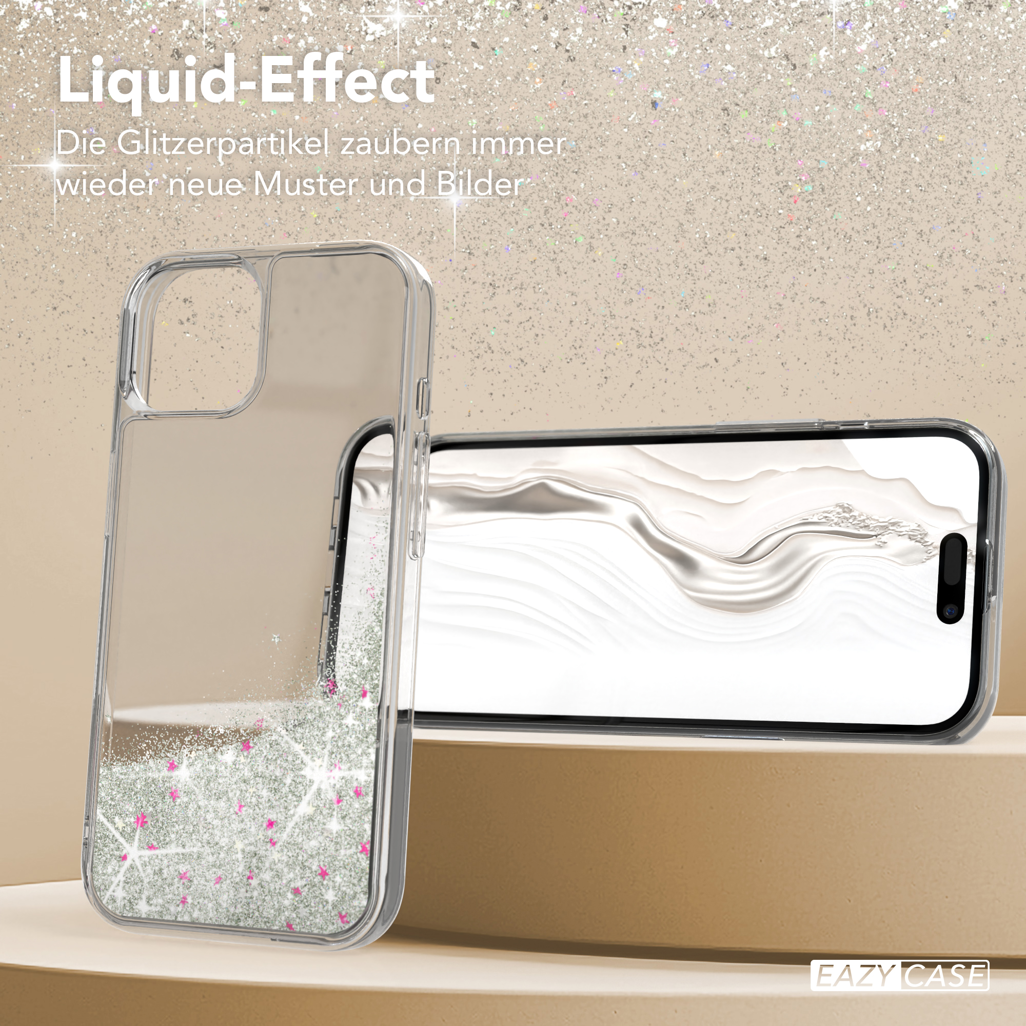 Ein Telefon in einer durchsichtigen Hülle mit Glitzer auf einem Ständer, das den Flüssigkeitseffekt zeigt.