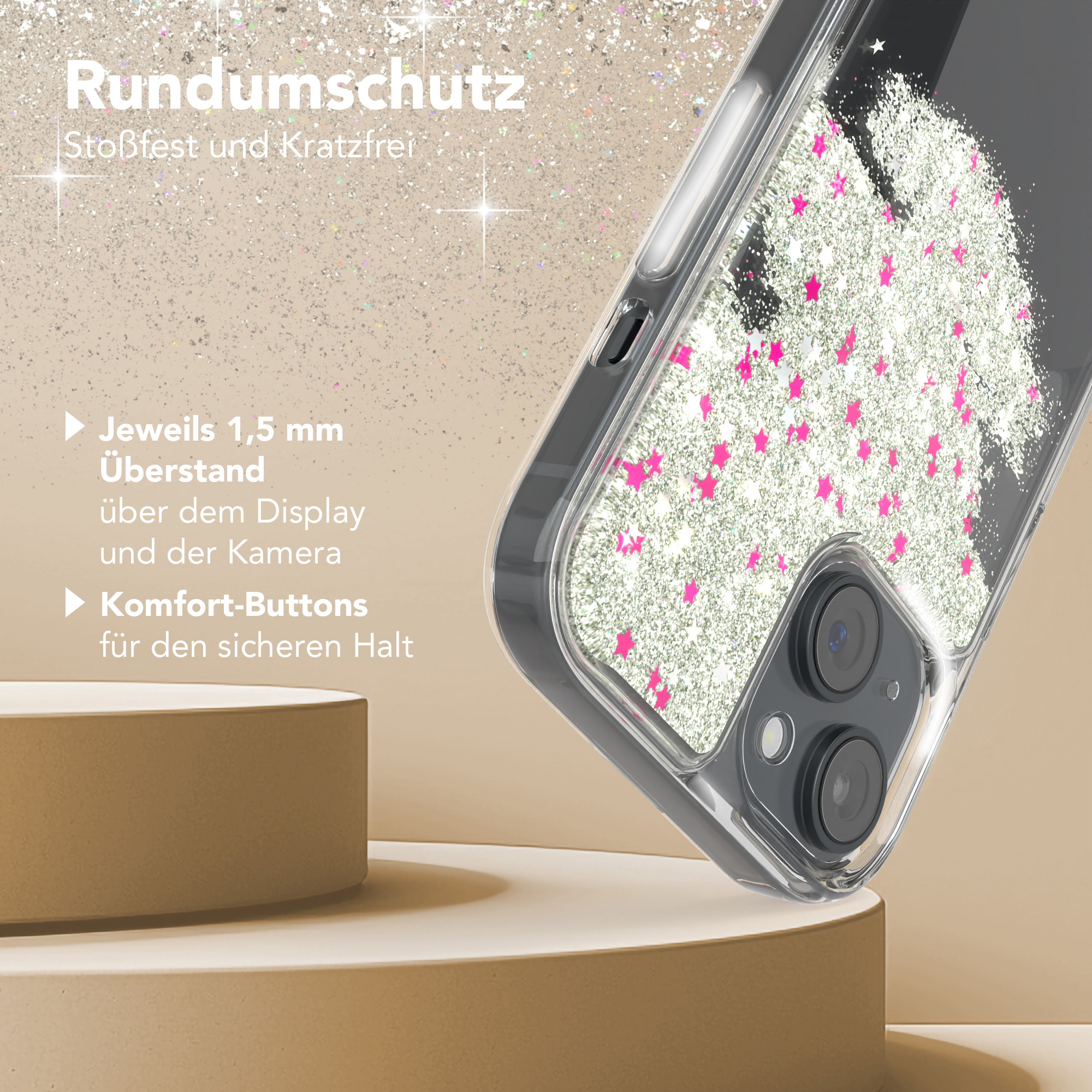 Nahaufnahme einer Handyhülle mit Sternen und rosa Glitzer. Das Telefon ist in der Hülle.