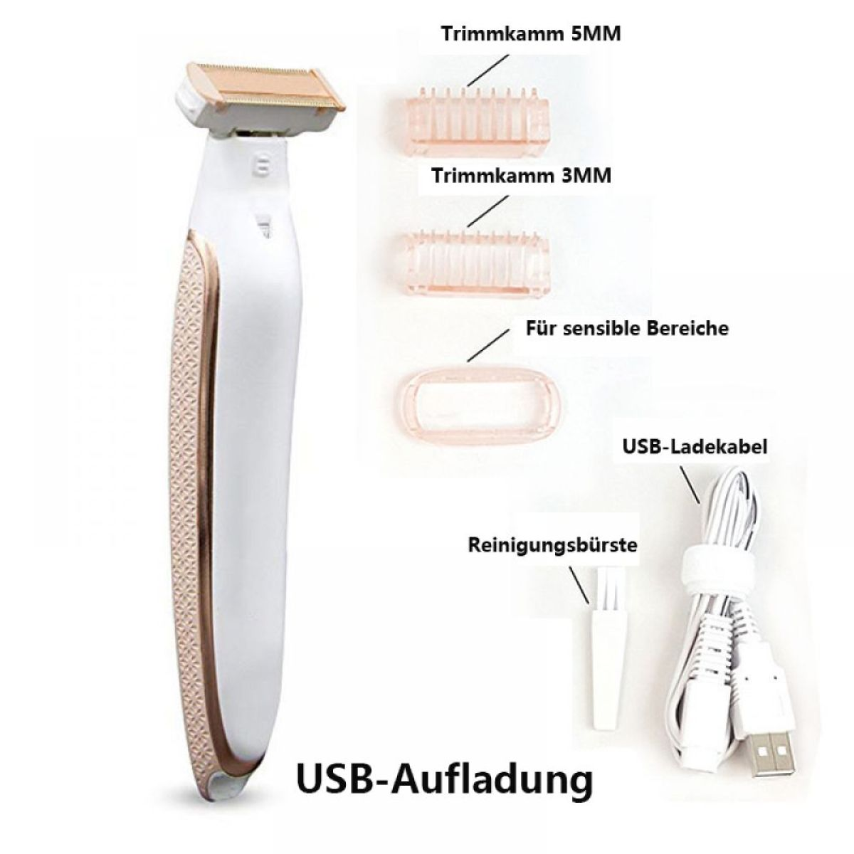 Haarentfernungsgerät mit Zubehör. Verschiedene Trimmkämme, Reinigungsbürste und Ladekabel.