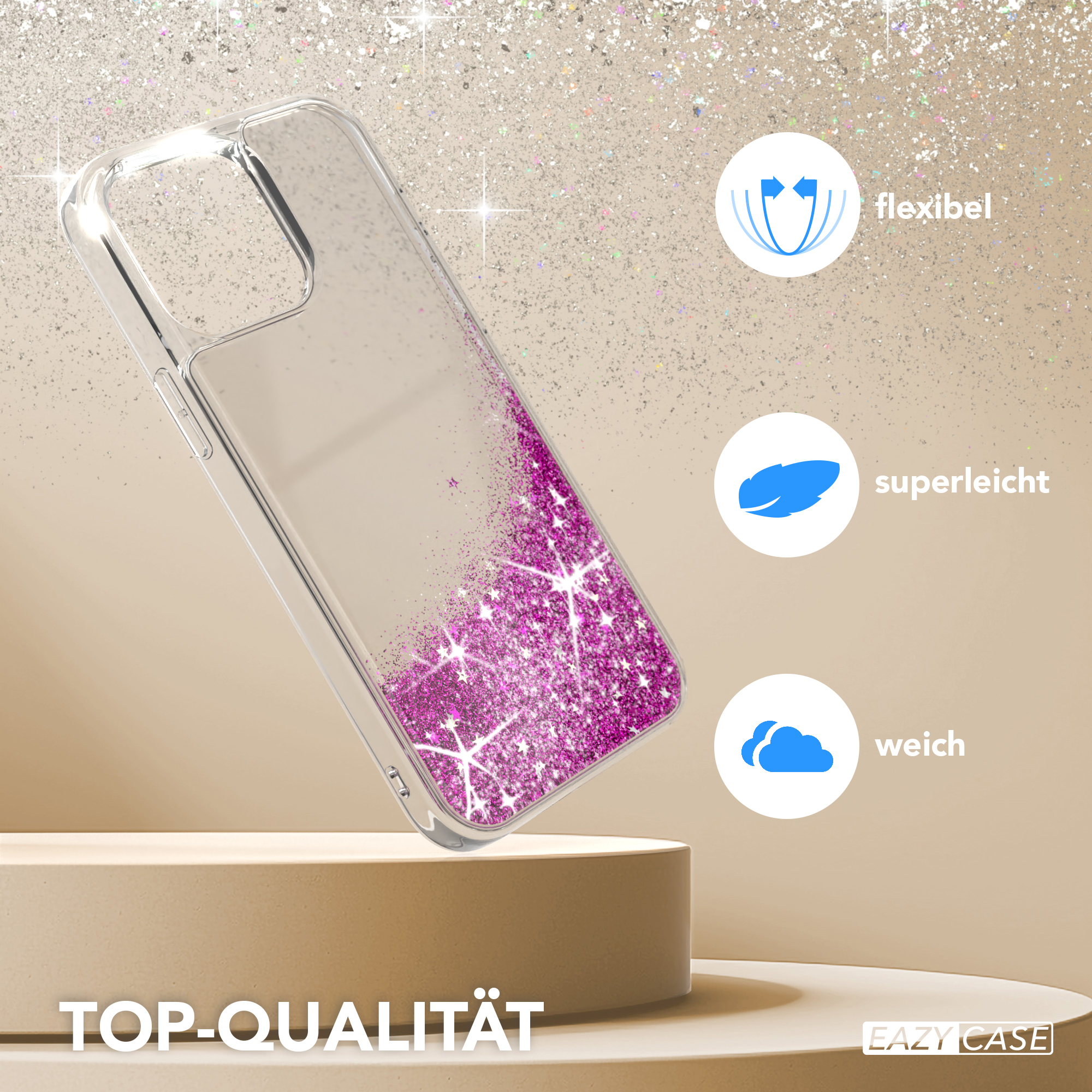 Transparente Handyhülle mit Glitzer, Glitzer im unteren Teil. Text: Top-Qualität.