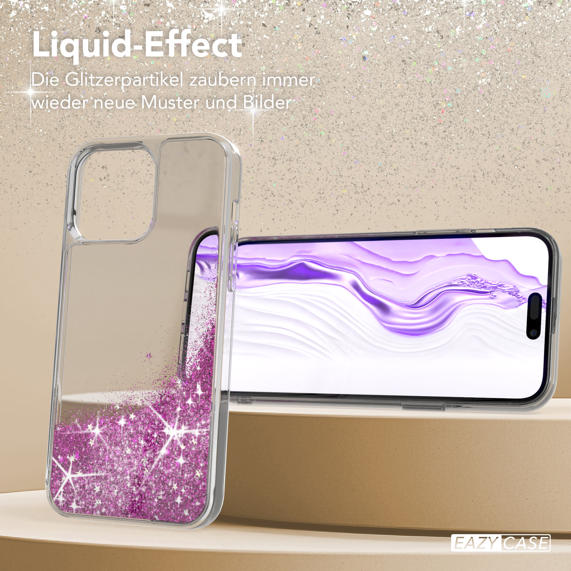 Eine transparente Handyhülle mit rosa Glitzer und einem Telefon darin. Text über einen Flüssigkeitseffekt.