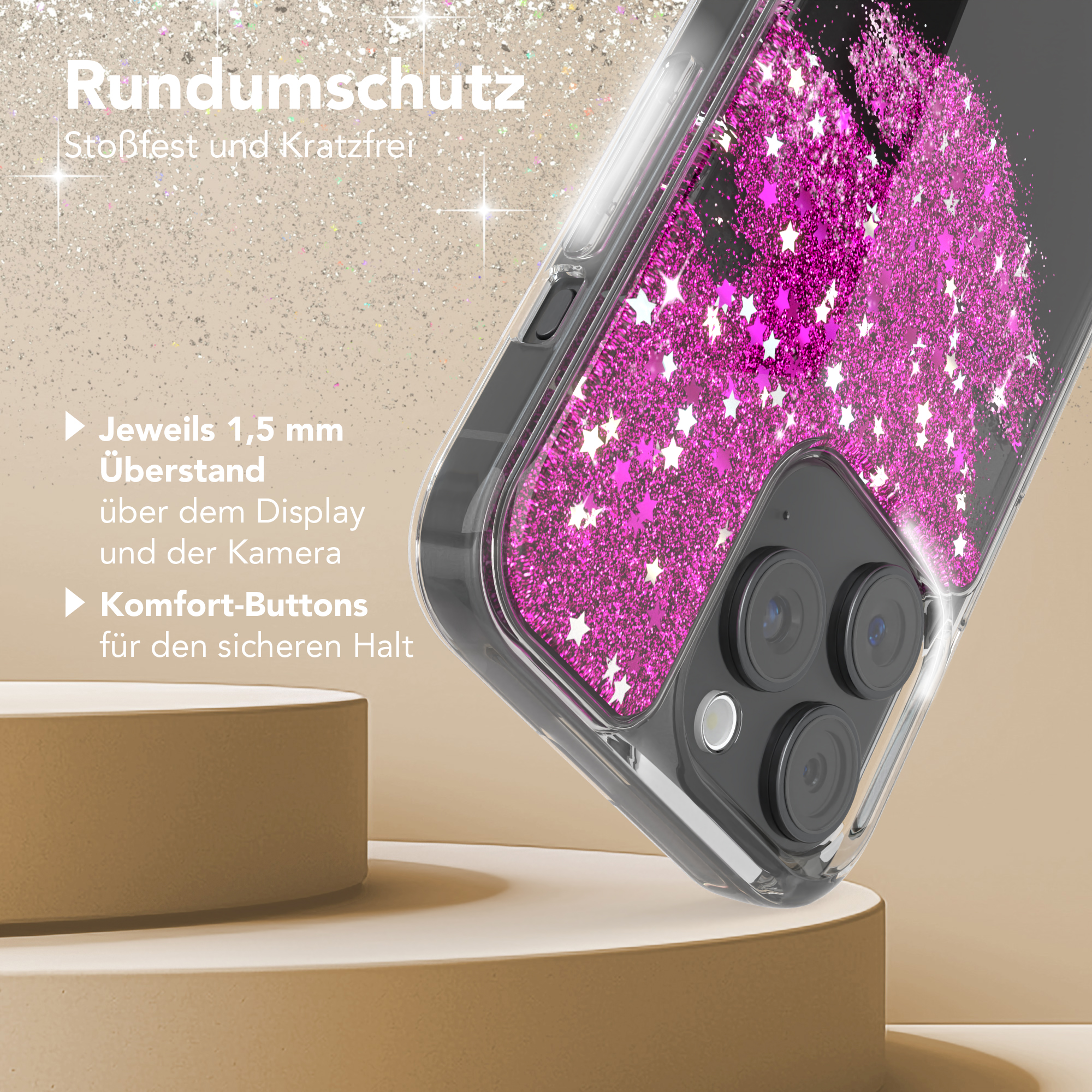 Transparente Handyhülle mit rosa Glitzer, Sternen und Text auf hellbrauner Oberfläche.