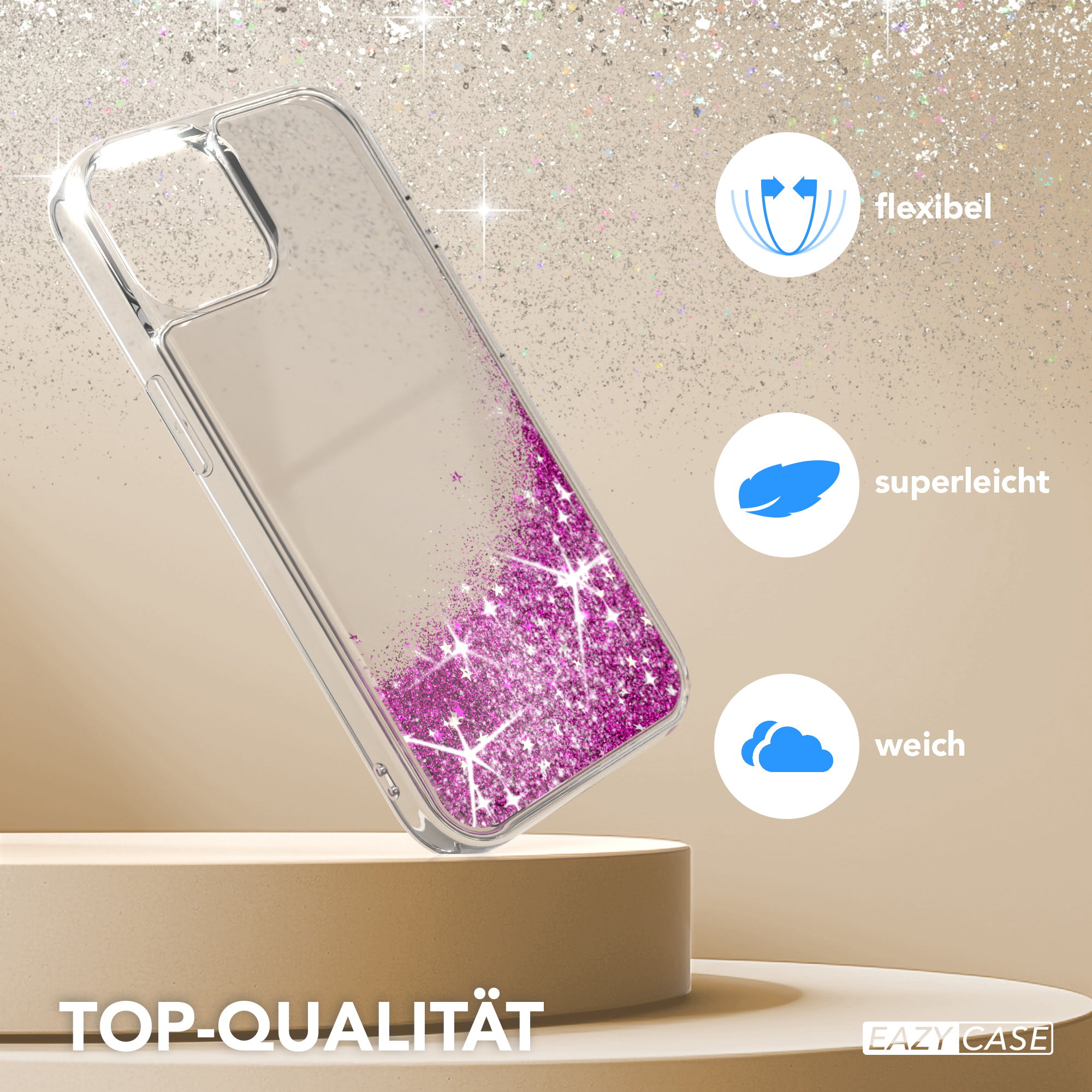 Transparente Handyhülle mit pinkfarbenem Glitzer auf beigefarbenem Podest, drei Icons: flexibel, leicht, weich.