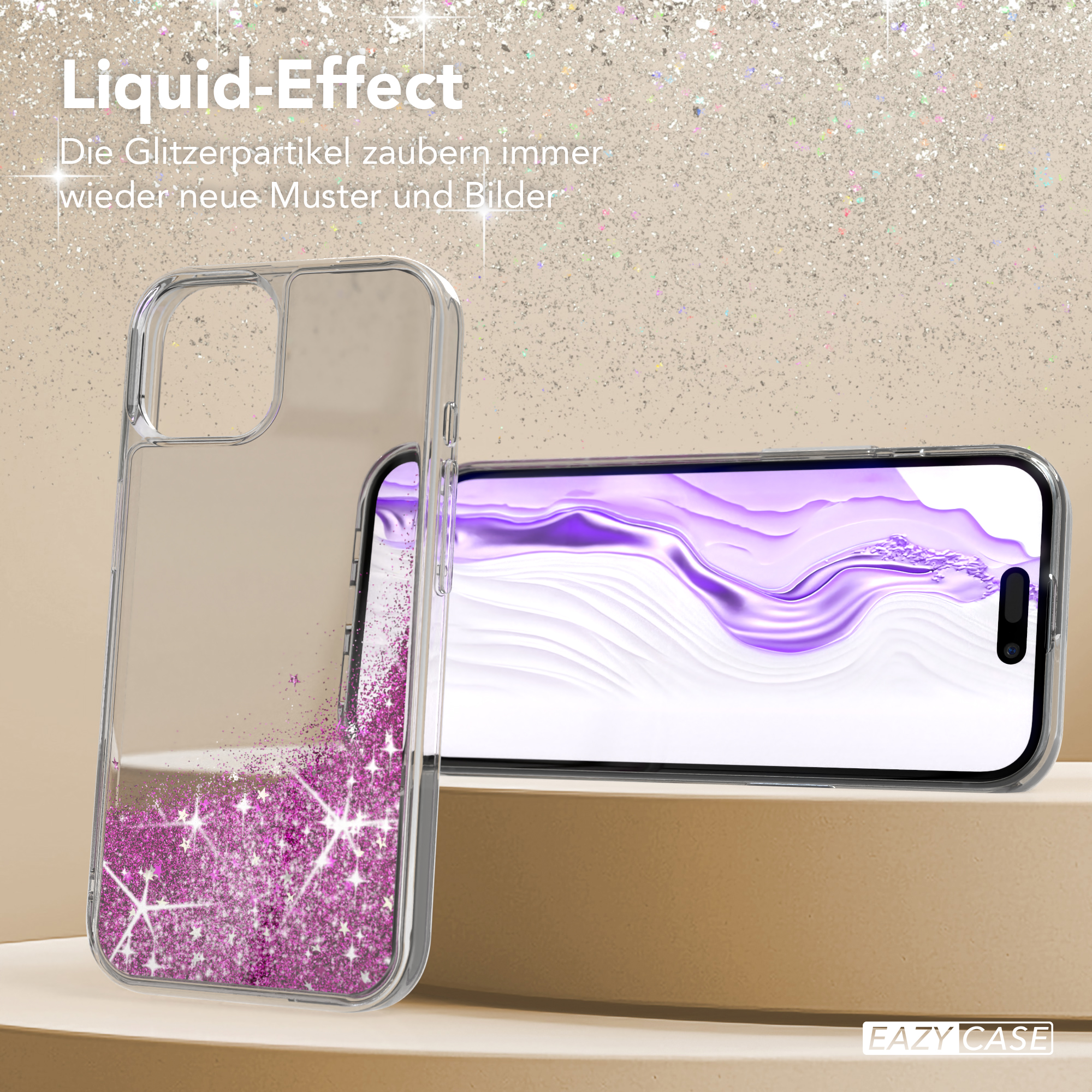 Transparente Handyhülle mit pinkfarbenem Glitzer. Das Telefon befindet sich in der Hülle, mit goldenem Hintergrund.