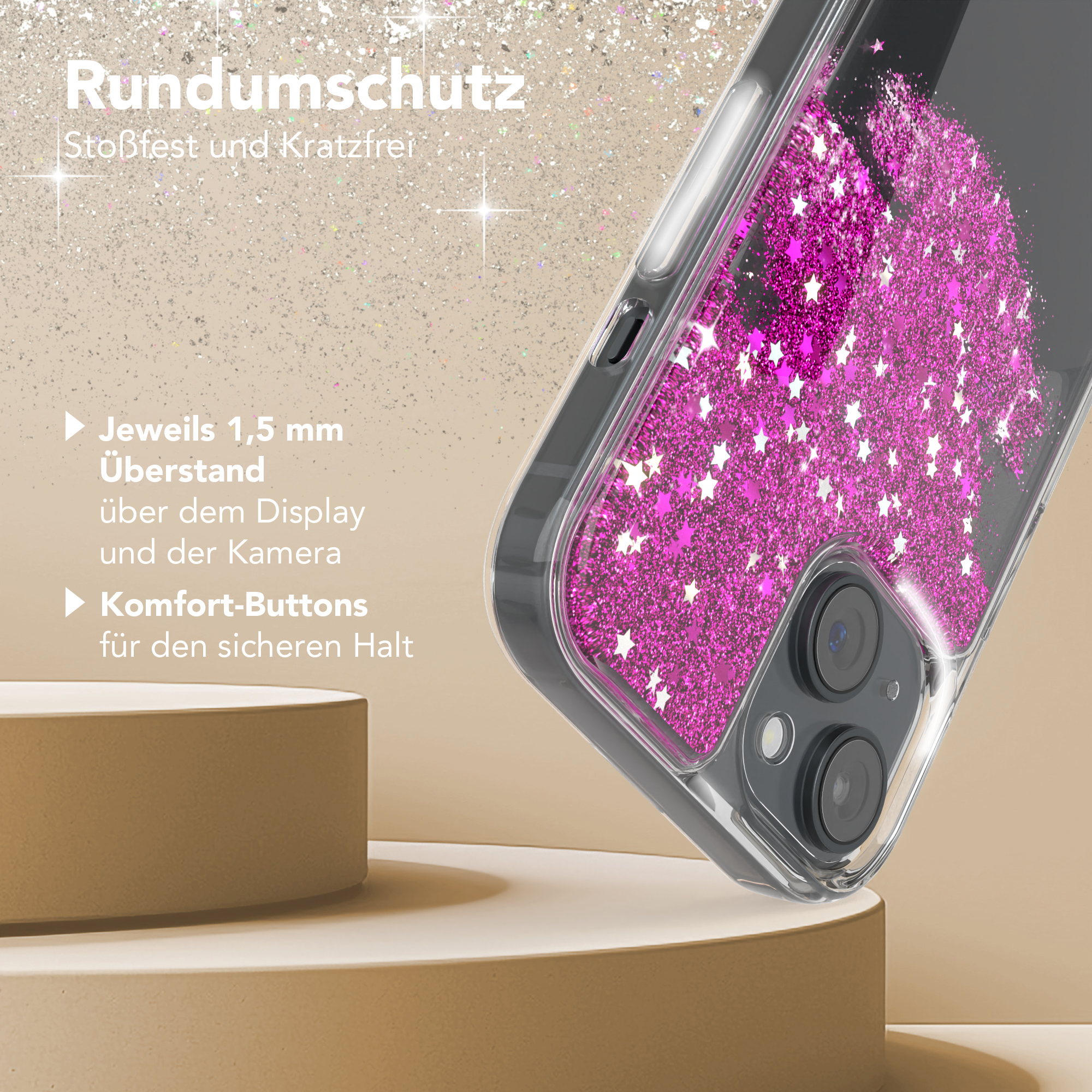 Handyhülle mit pinken Glitzersternen. Die Hülle liegt auf einer hellbraunen Oberfläche. Deutscher Text.