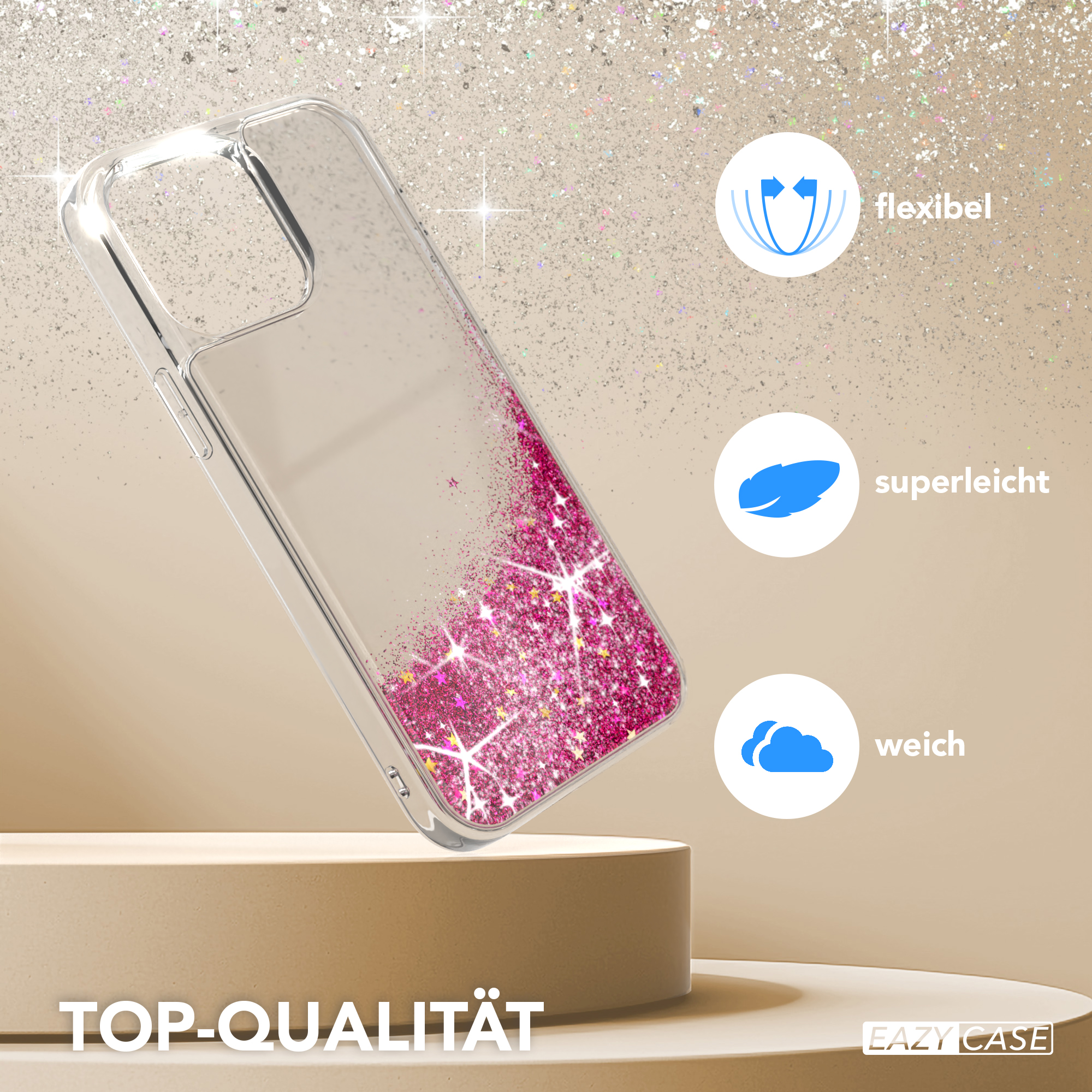 Transparente Handyhülle mit rosa Glitzer. Es ist auf einer beige Plattform. Der Hintergrund ist glitzernd und funkelnd.
