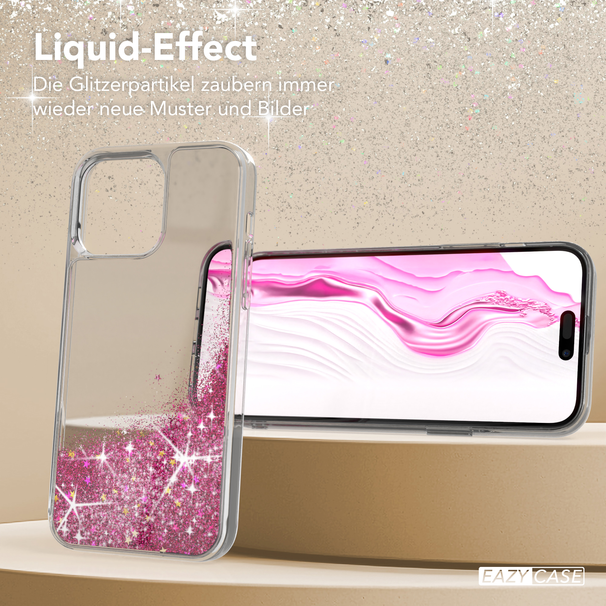 Eine transparente Handyhülle mit pinkfarbenem Glitzer auf einem Handy mit pinkfarbenem Bildschirm.