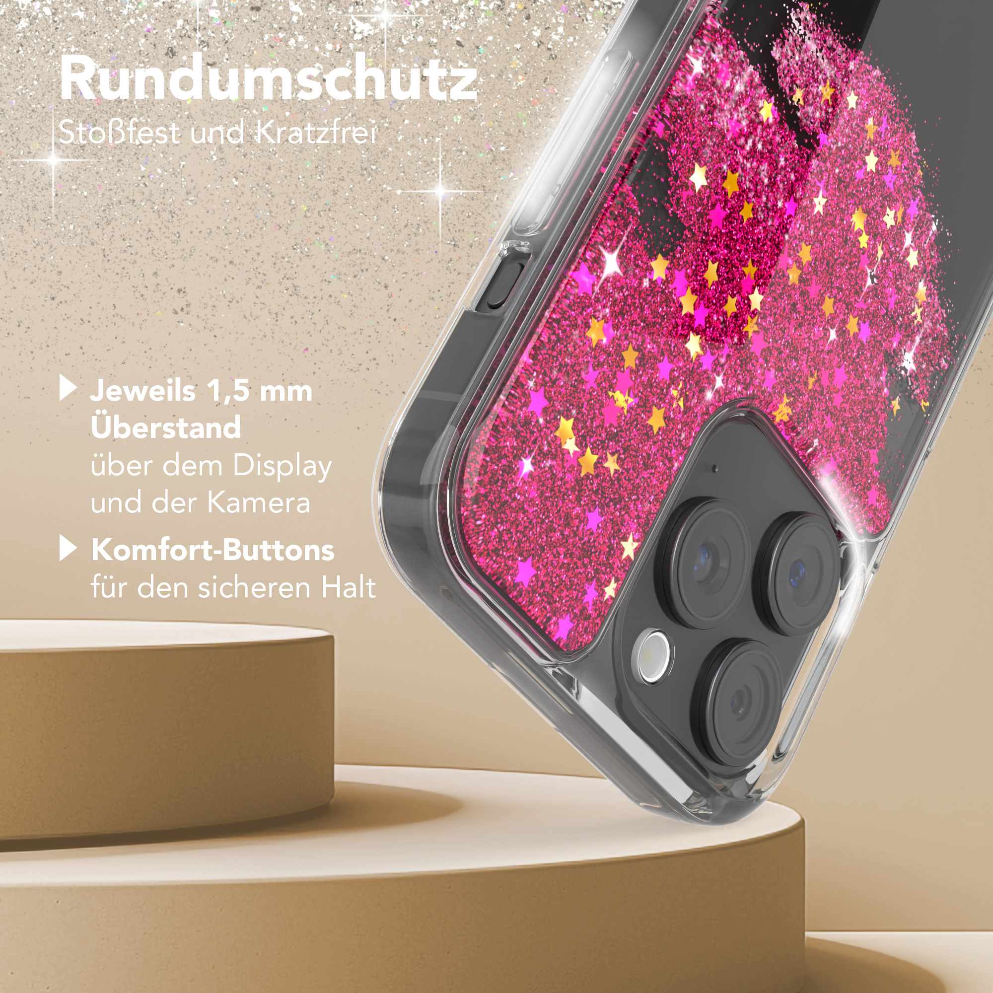 Rosa Glitzer-Handyhülle. Sterne sichtbar. Text: Rundumschutz. Schutzhülle auf einem Ständer.