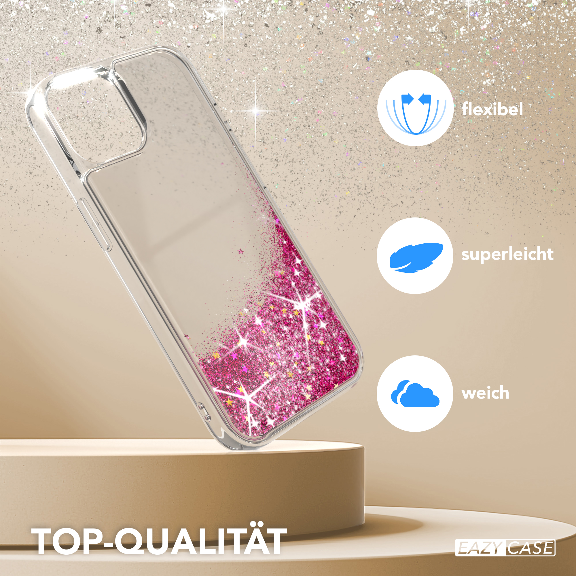Transparente Handyhülle mit pinkfarbenem Glitzer. Symbole zeigen Flexibilität, Leichtigkeit und Weichheit.