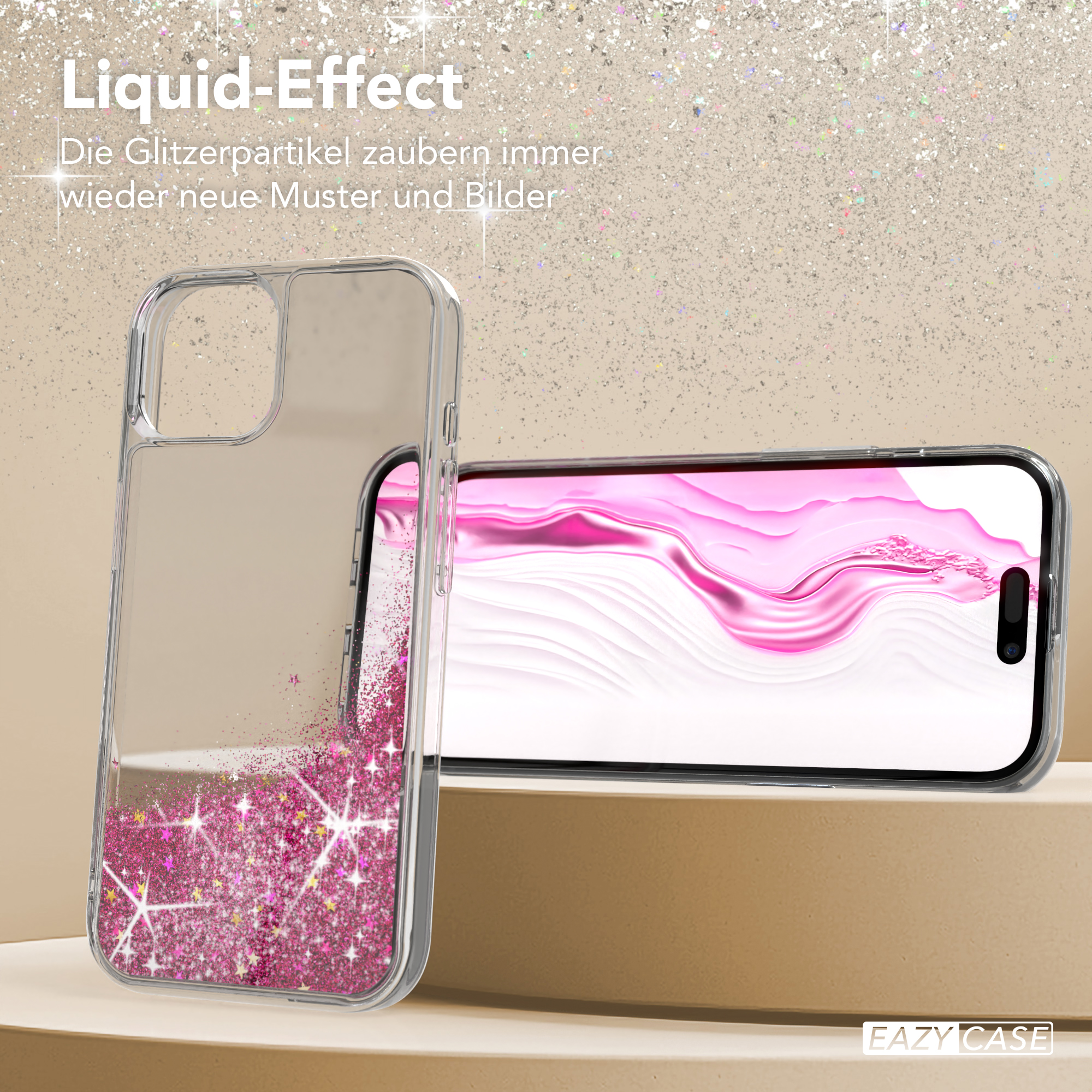 Transparente Handyhülle mit rosa Glitzer-Flüssig-Effekt. Ein Telefon befindet sich in der Hülle.
