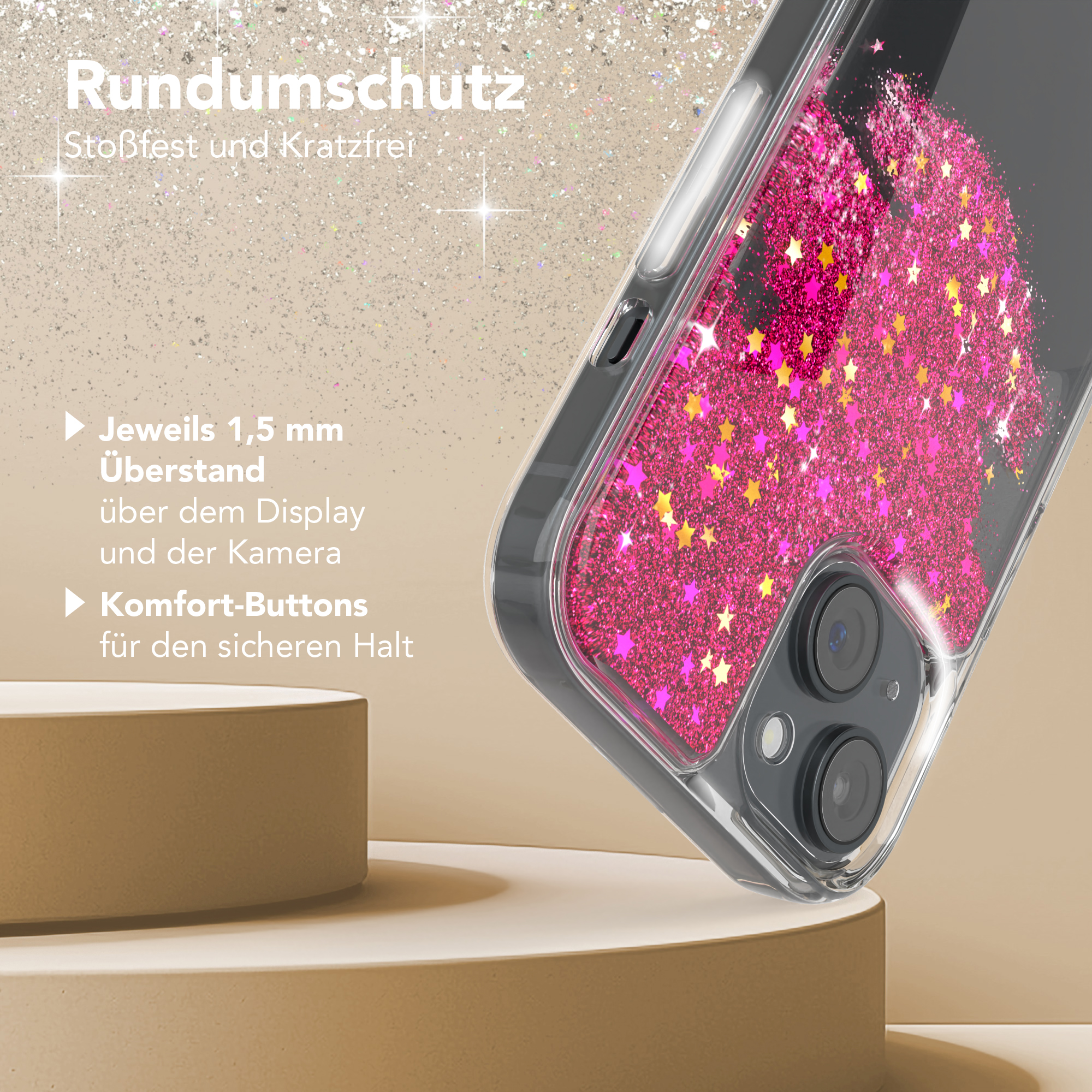 Eine Handyhülle mit rosa Sternen. Auf der linken Seite des Bildes befinden sich Textelemente auf Deutsch.