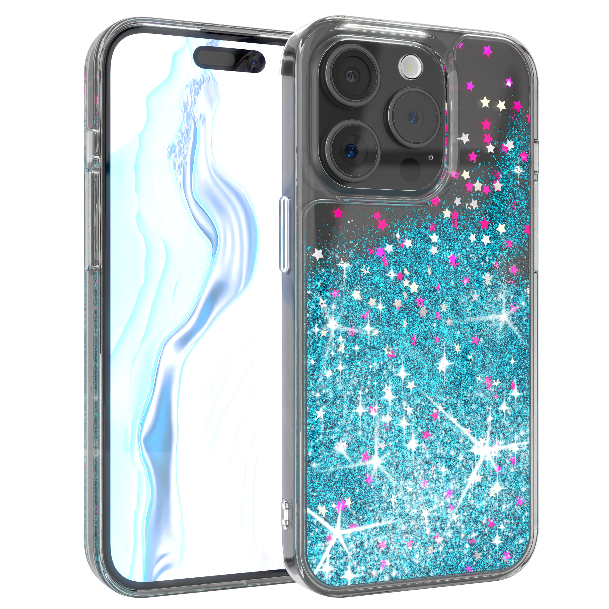 Transparente Handyhülle mit blau-pinken Glitzersternen. Der Hintergrund ist weiß.