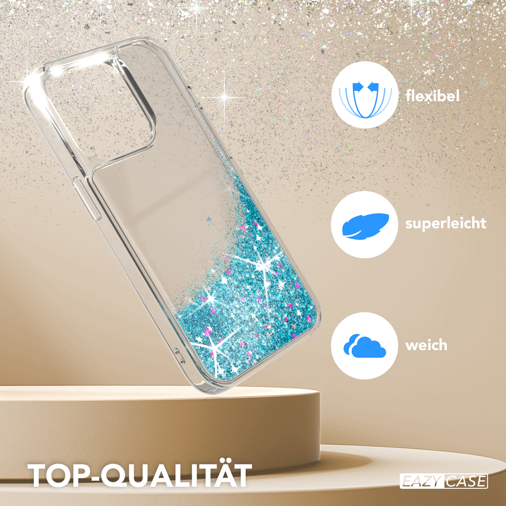 Eine transparente Handyhülle mit blauem Glitzer. Sie befindet sich auf einem beigen Podest. Es gibt Symbole und Text.