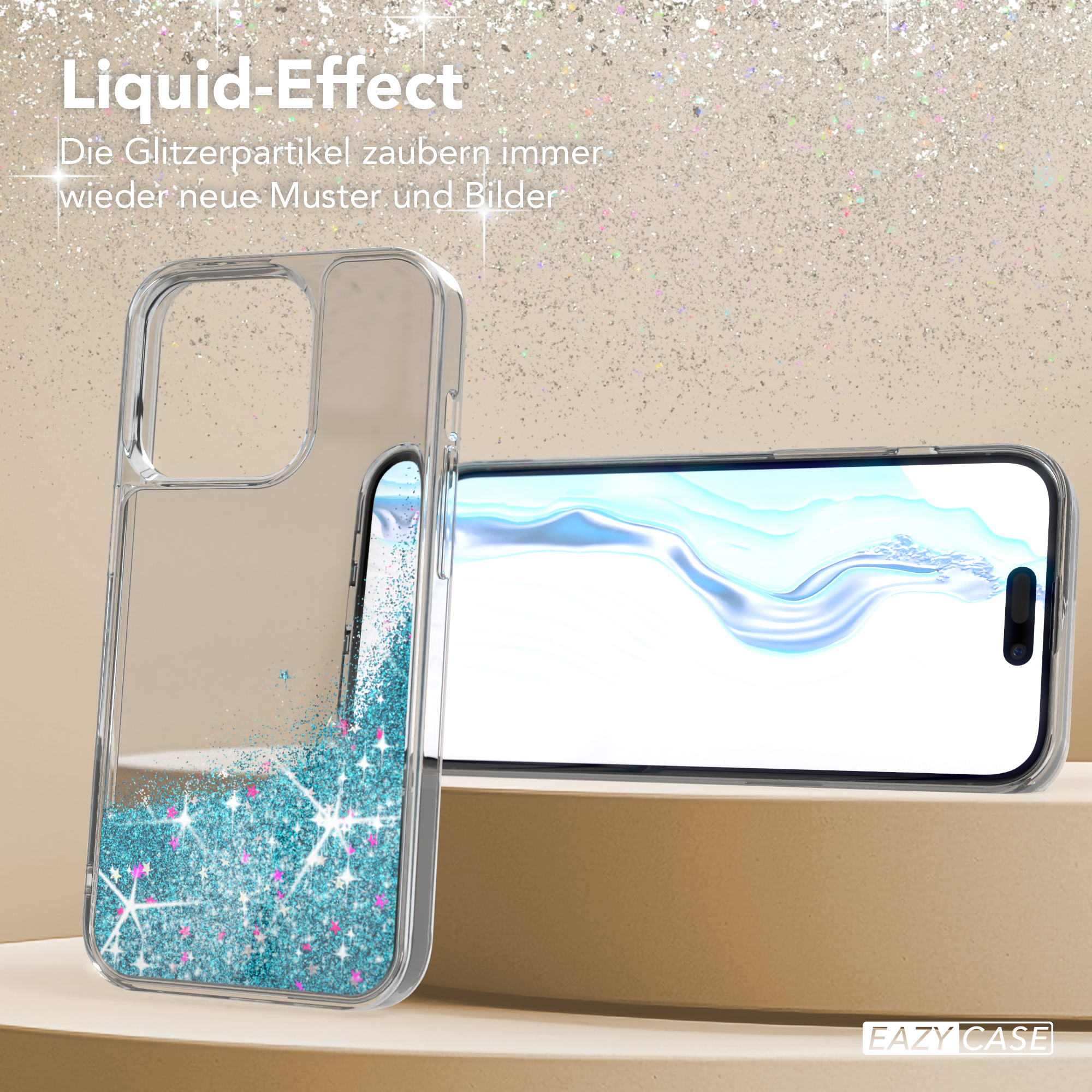 Transparente Handyhülle mit blauem Glitzerliquid und ein Telefon mit weißem Bildschirm. Der Hintergrund ist hell und strukturiert.