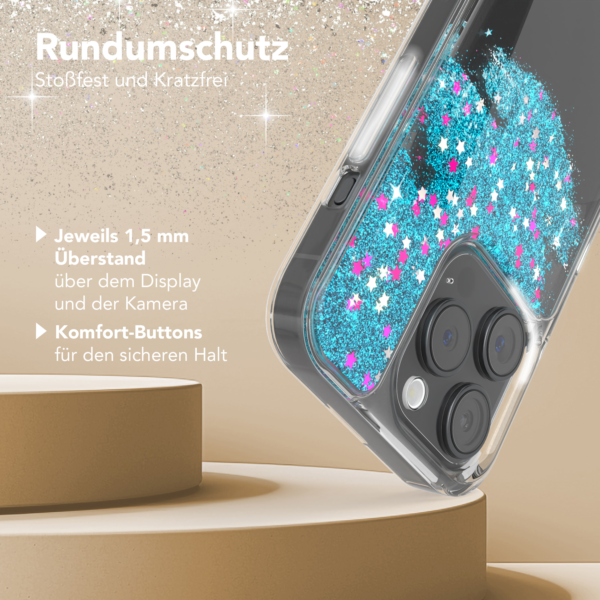 Nahaufnahme einer Handyhülle mit blauem und rosa Glitzer. Text: 'Rundumschutz' etc.