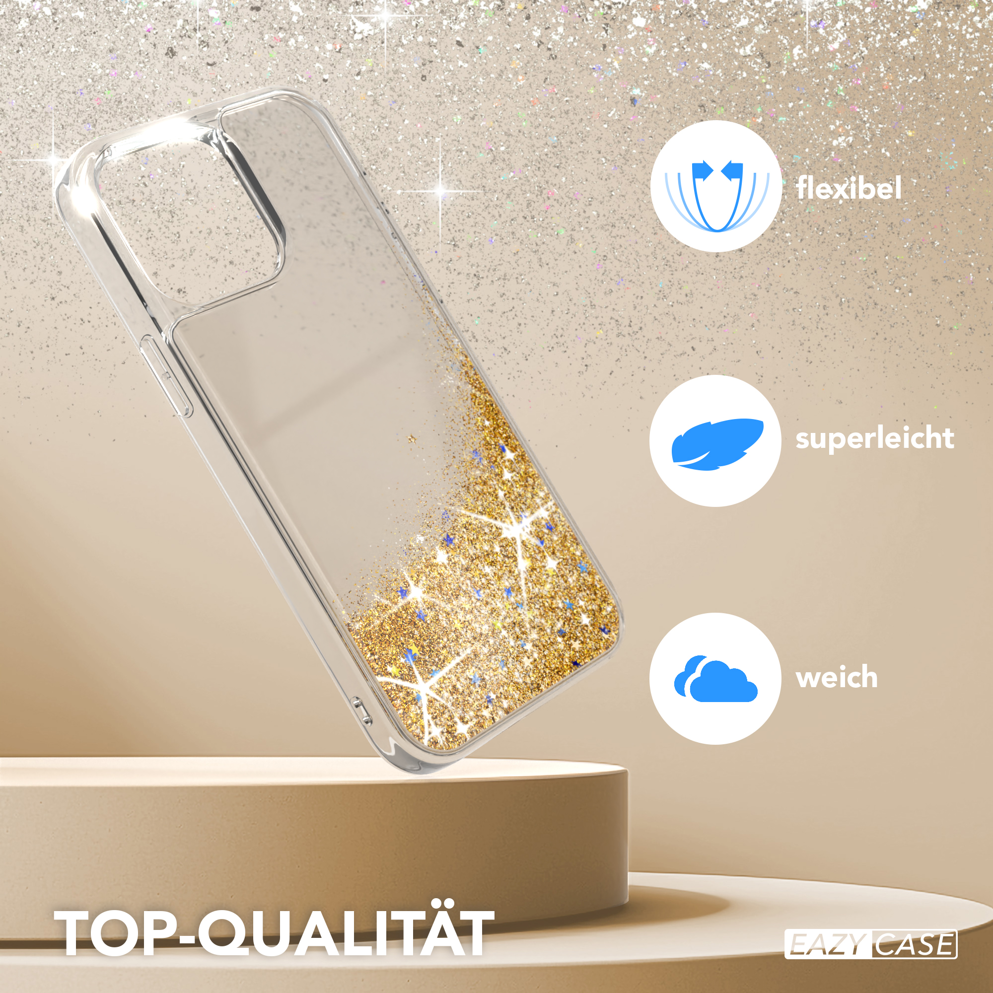 Transparente Handyhülle mit Goldglitter und Icons: flexibel, superleicht und weich, auf beiger Plattform.