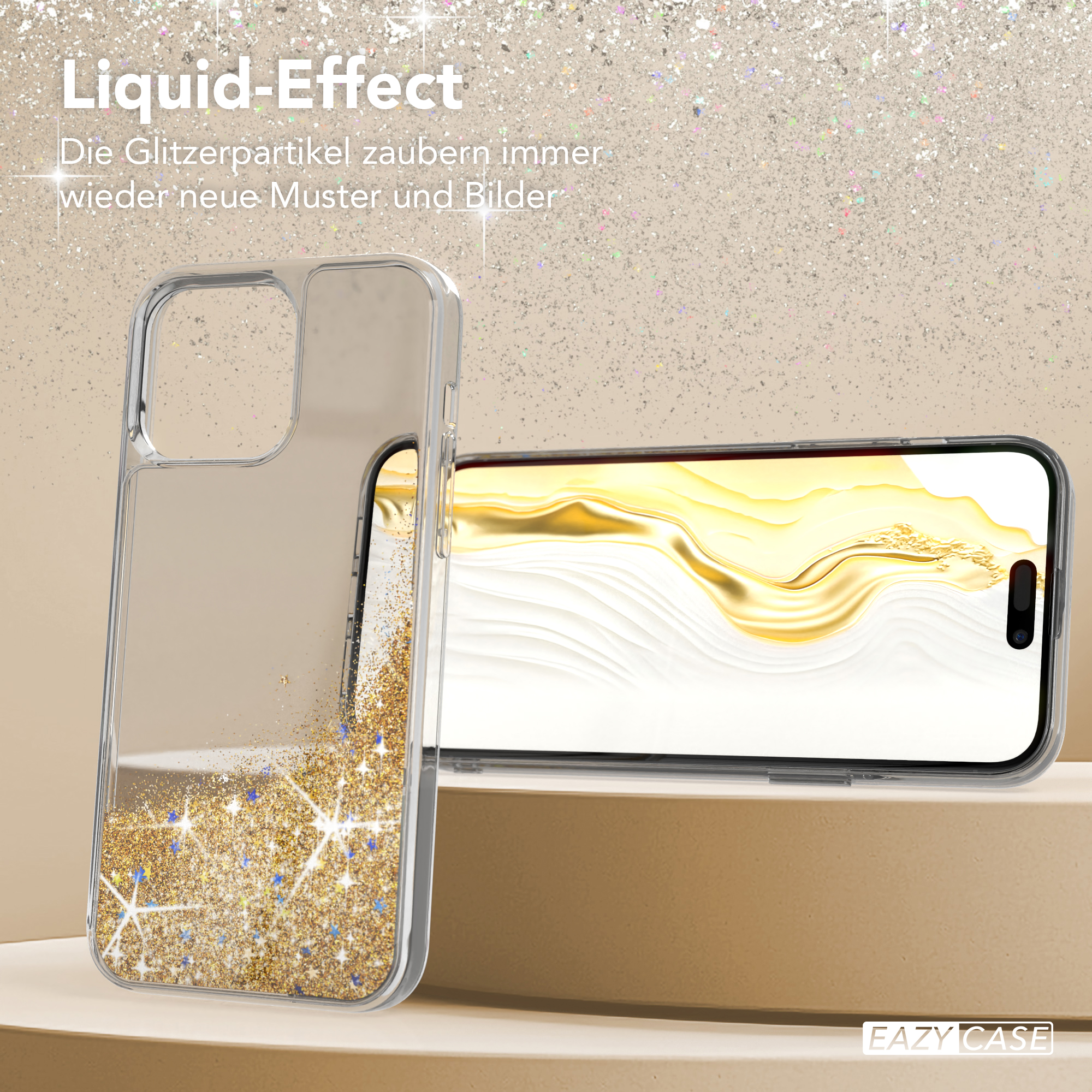 Glittery Liquid Apple, iPhone 15 EAZY Backcover, Pro Gold Max, CASE Case,