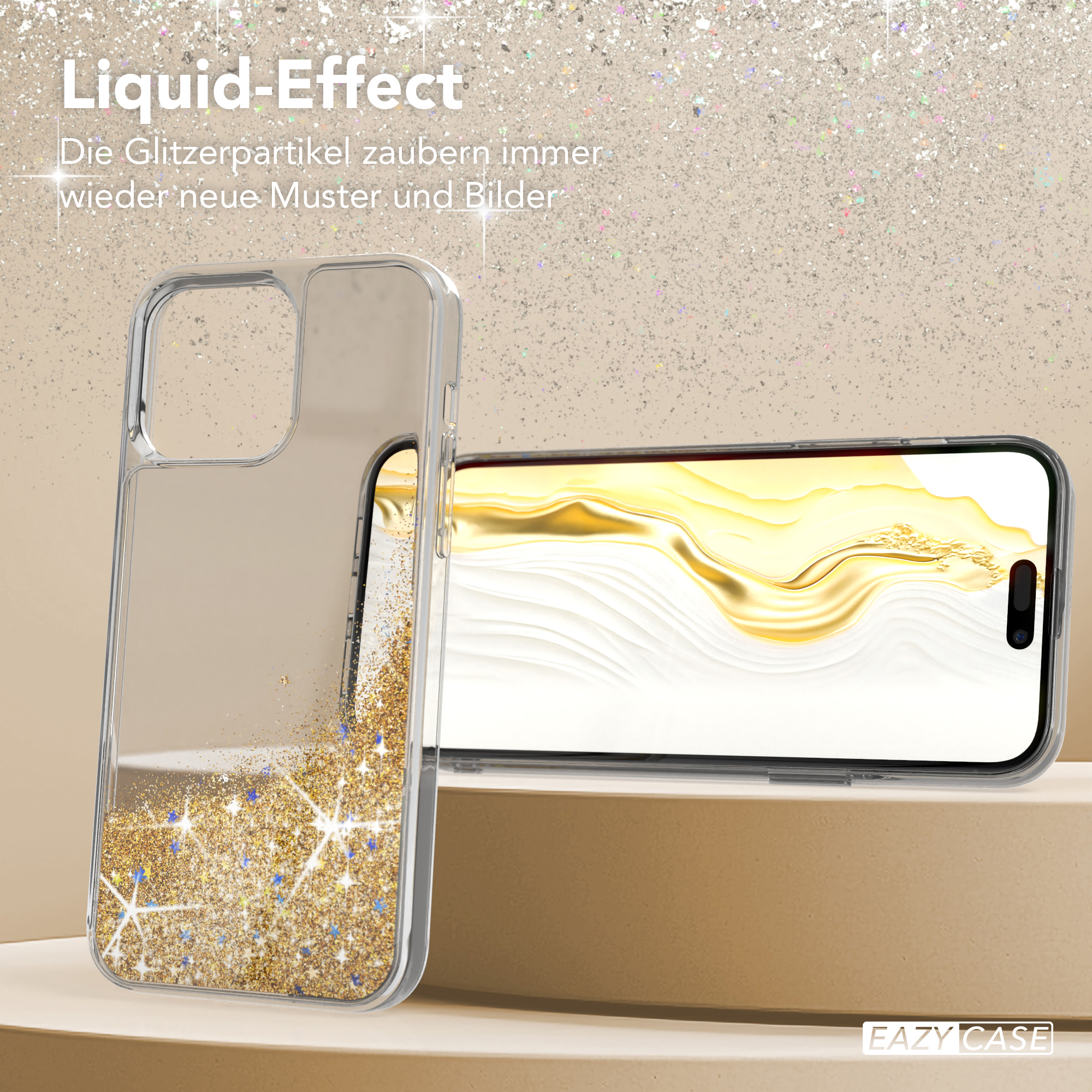 Handyhülle mit Flüssigkeitsglitzer und ein Handy. Ein Handy ist in der Hülle. Goldener Glitzer sichtbar.