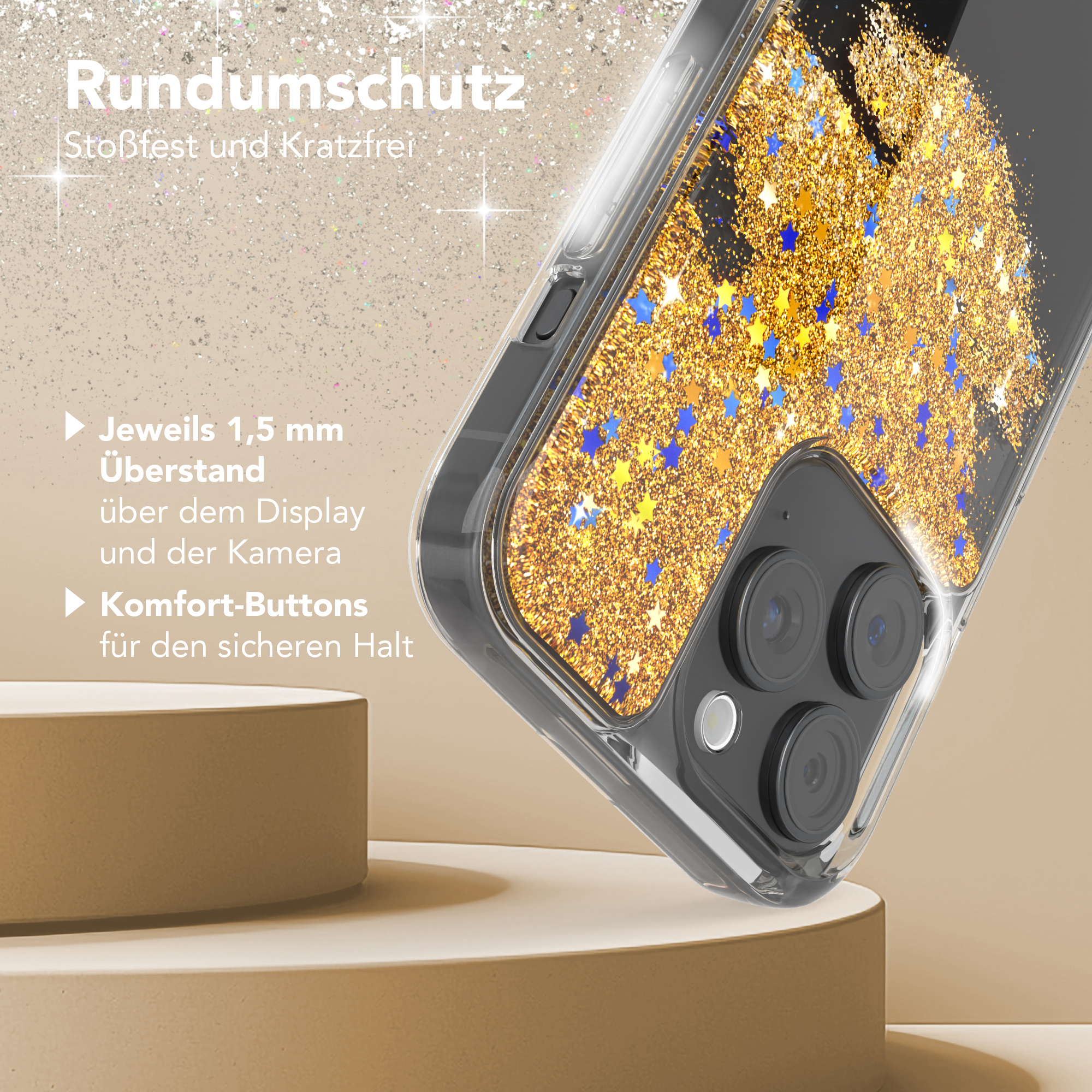 Transparente Handyhülle mit goldenem Glitzer und blauen Sternen, bedeckt ein Telefon mit drei Kameras.