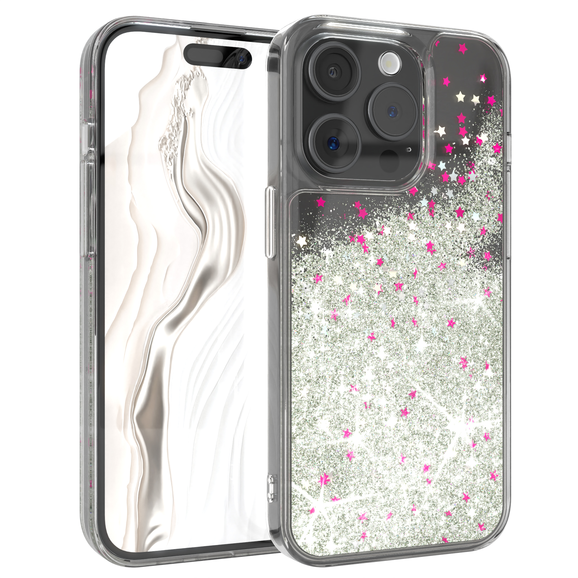 Transparente Handyhülle mit Glitzer und Sternen, die ein Telefon mit Bildschirm schützt.