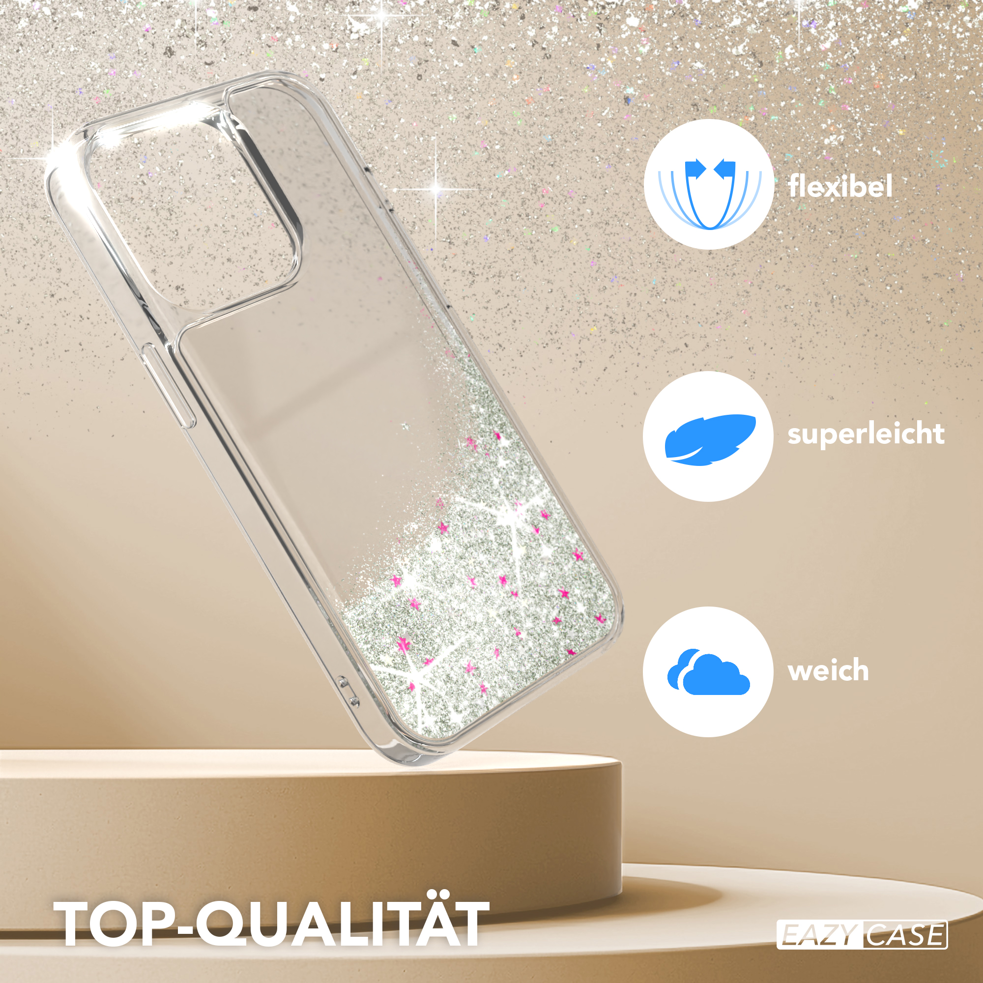 Transparente Handyhülle mit Glitzer, auf Ständer. Text: TOP-QUALITÄT und Icons.