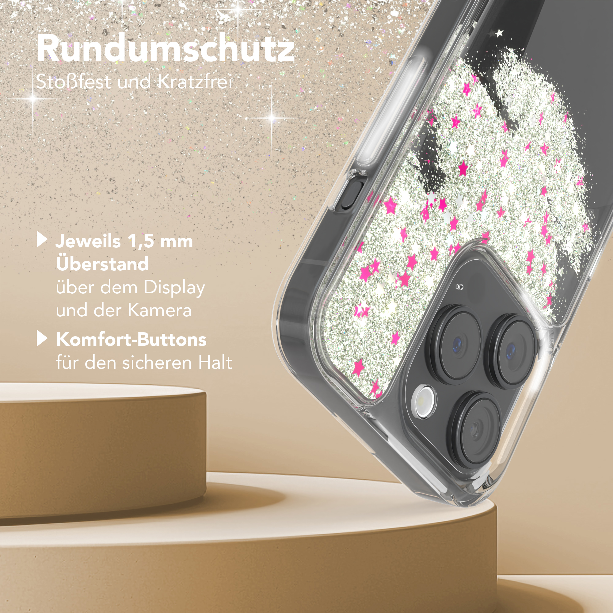 Transparente Handyhülle mit Glitzer und Sternen. Text zeigt Schutzfunktionen.