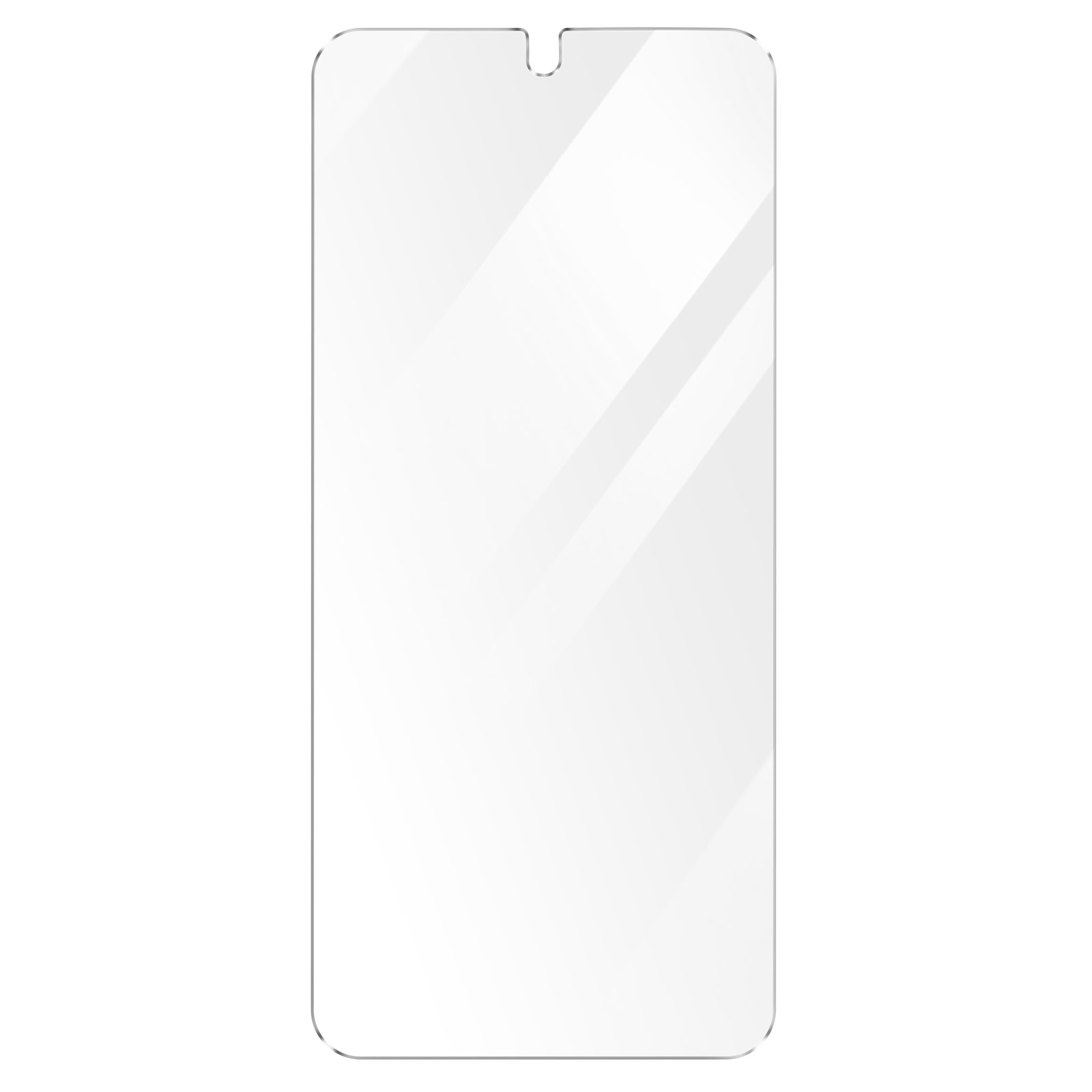 Proteggi schermo trasparente per un telefono. Ha un ritaglio per la fotocamera anteriore.
