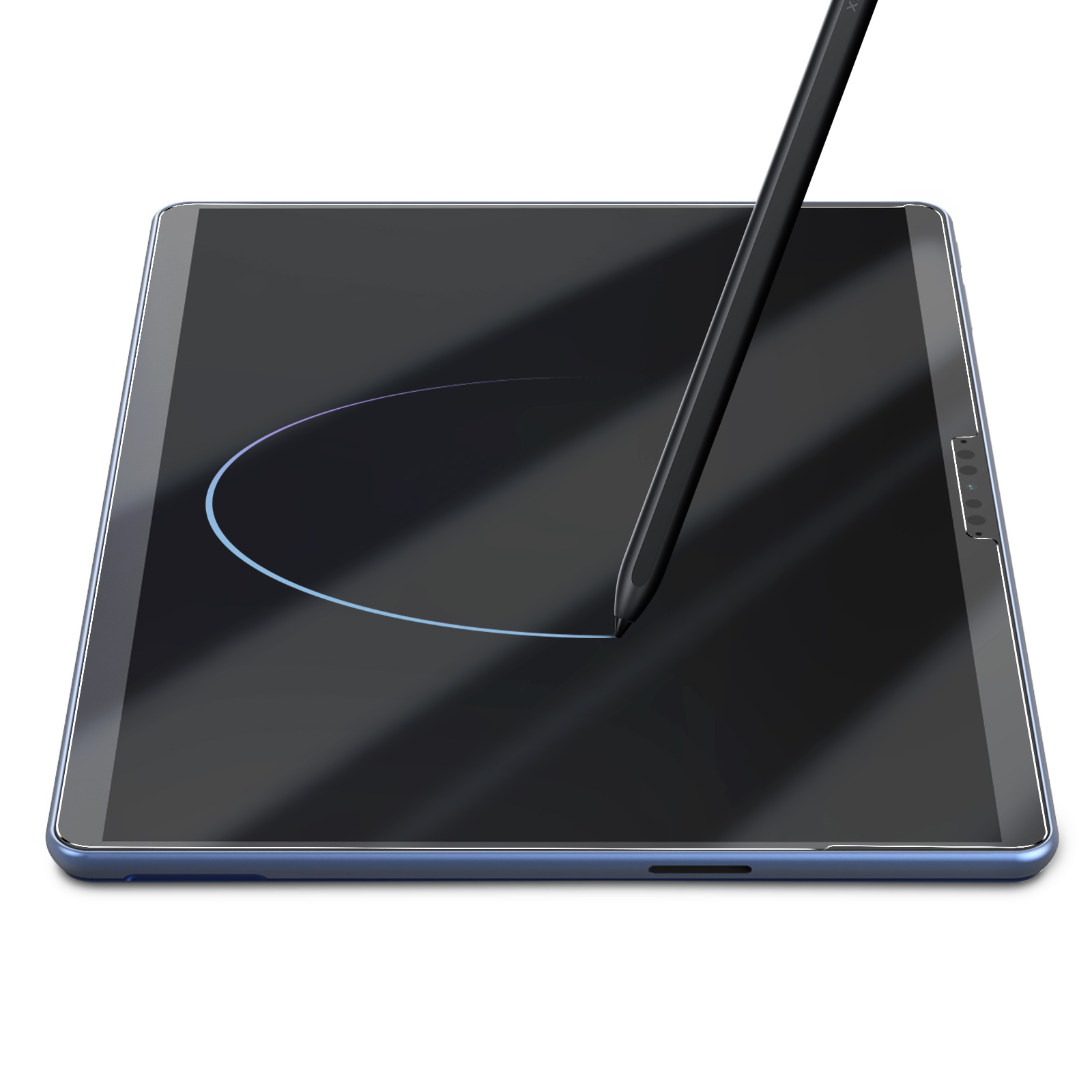 Tablet con stilo. Schermo mostra cerchio blu. Sfondo bianco.