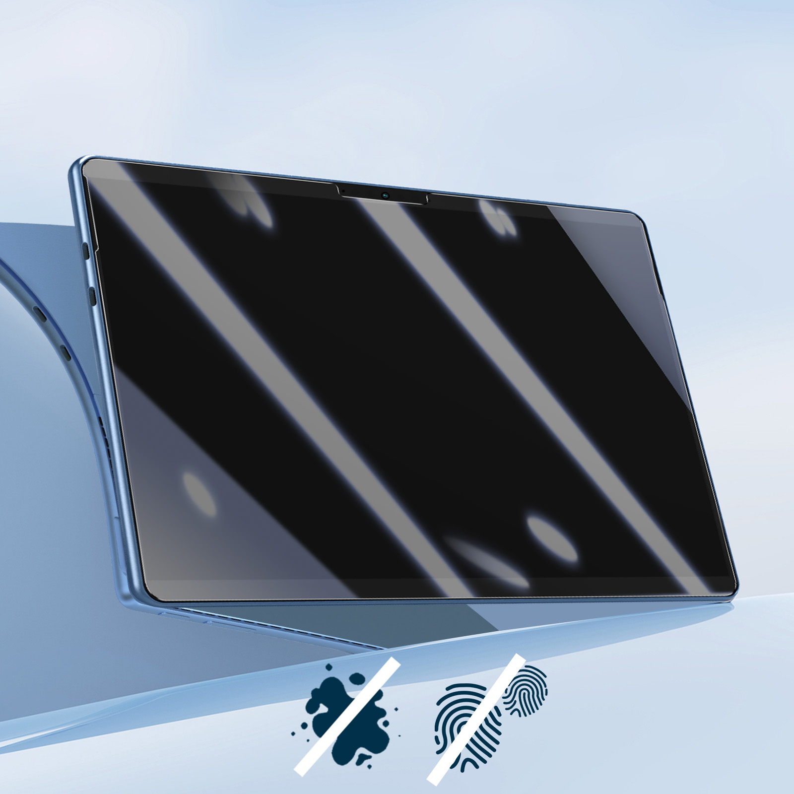 Un tablet nero con uno schermo che mostra una superficie scura e simboli che indicano la resistenza alle impronte digitali e alle macchie.