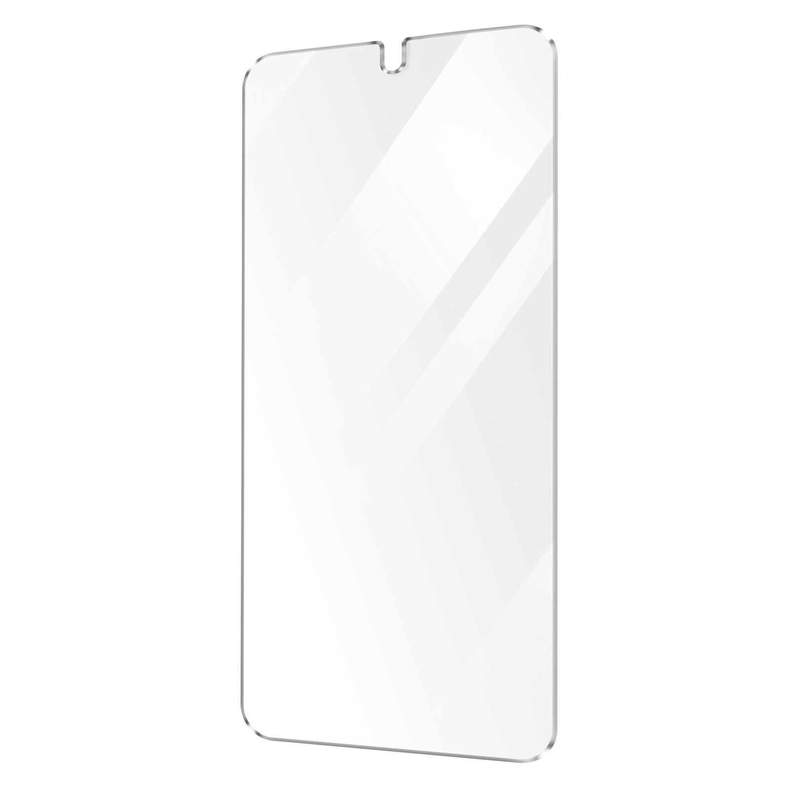 Un protector de pantalla transparente para un teléfono, con una muesca en la parte superior. Es transparente, con fondo blanco.