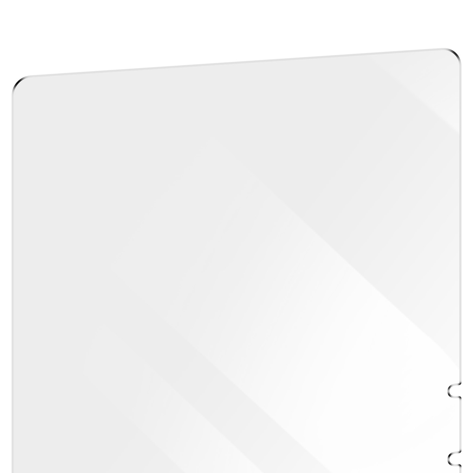 Foglio di plastica trasparente di forma quadrata con angoli arrotondati. Superficie riflettente.