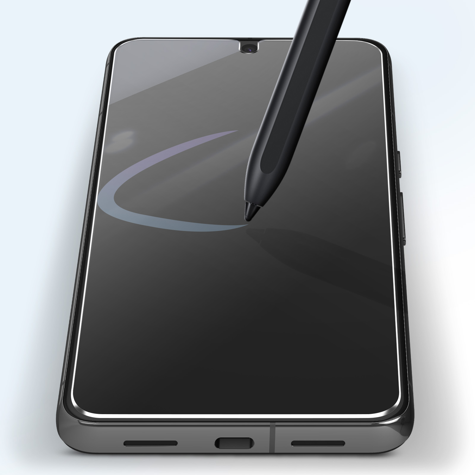 Un lápiz táctil negro dibujando en la pantalla de un smartphone negro.