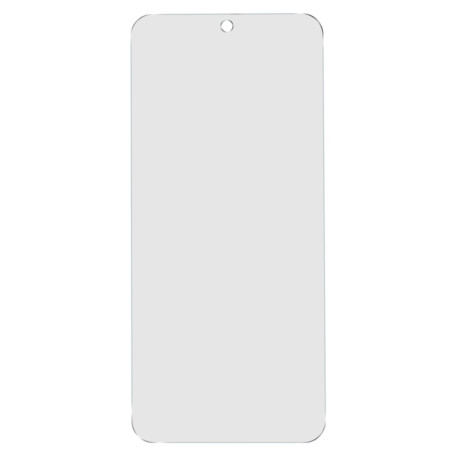Protector de pantalla transparente para un teléfono, rectangular con un agujero para la cámara frontal.