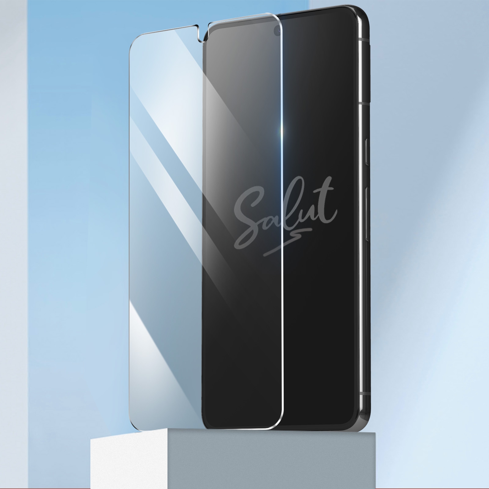 Un smartphone con protector de pantalla, el protector es transparente. La palabra 'Salut' está en el teléfono.