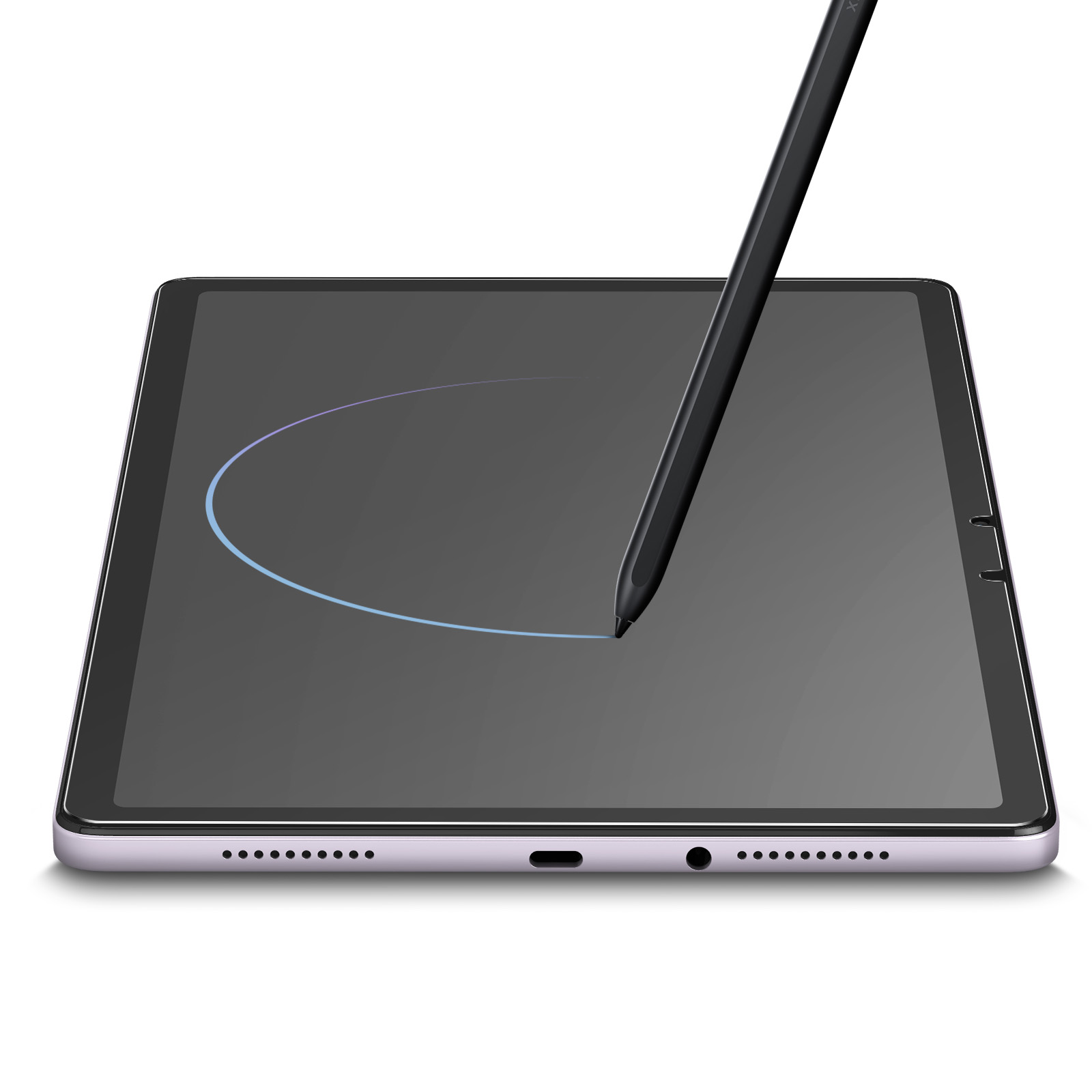 Un tablet con uno stilo che disegna una linea. Il tablet è su una superficie bianca, con uno schermo scuro.