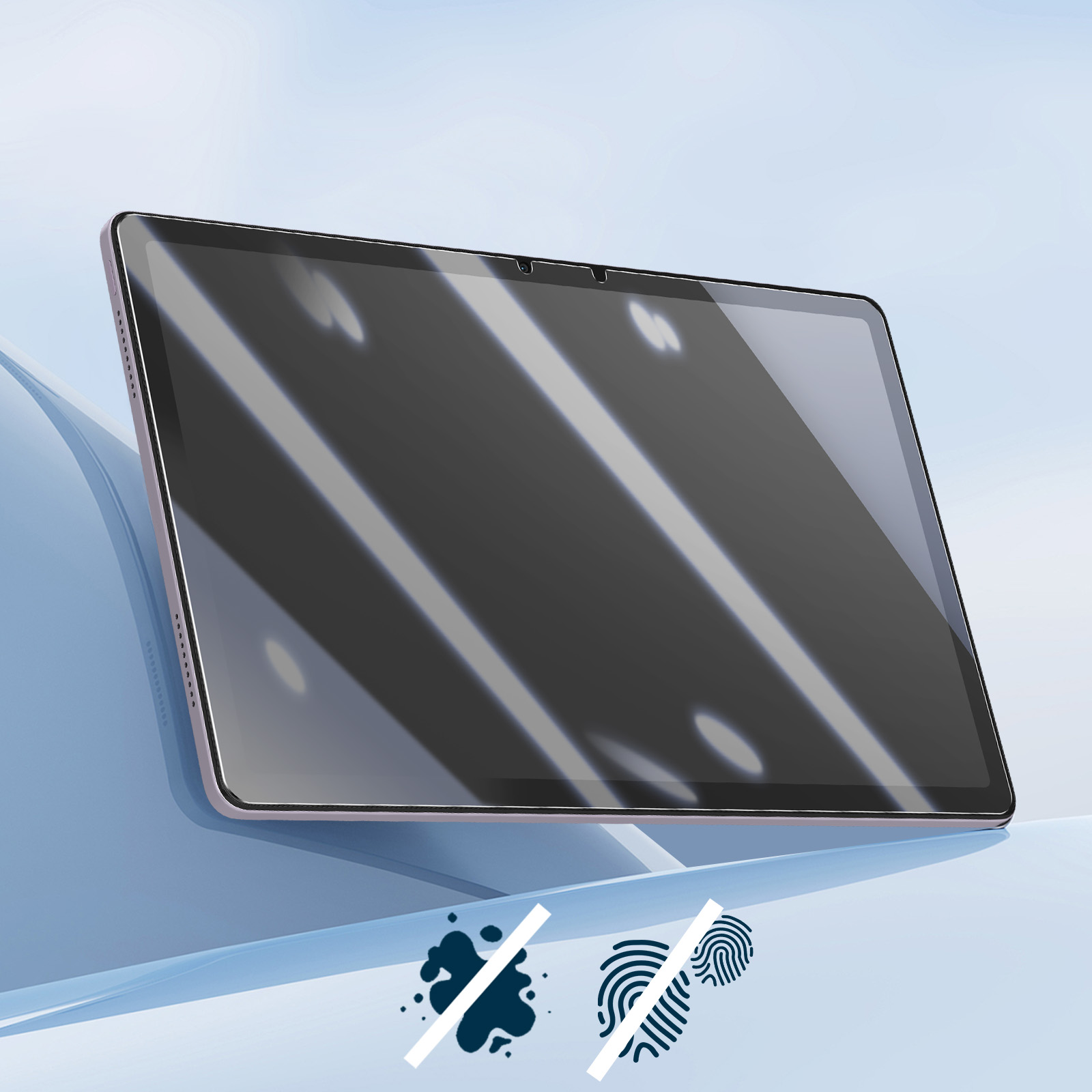 Un proteggi schermo per tablet, che mostra icone antimacchia e anti-impronte digitali.