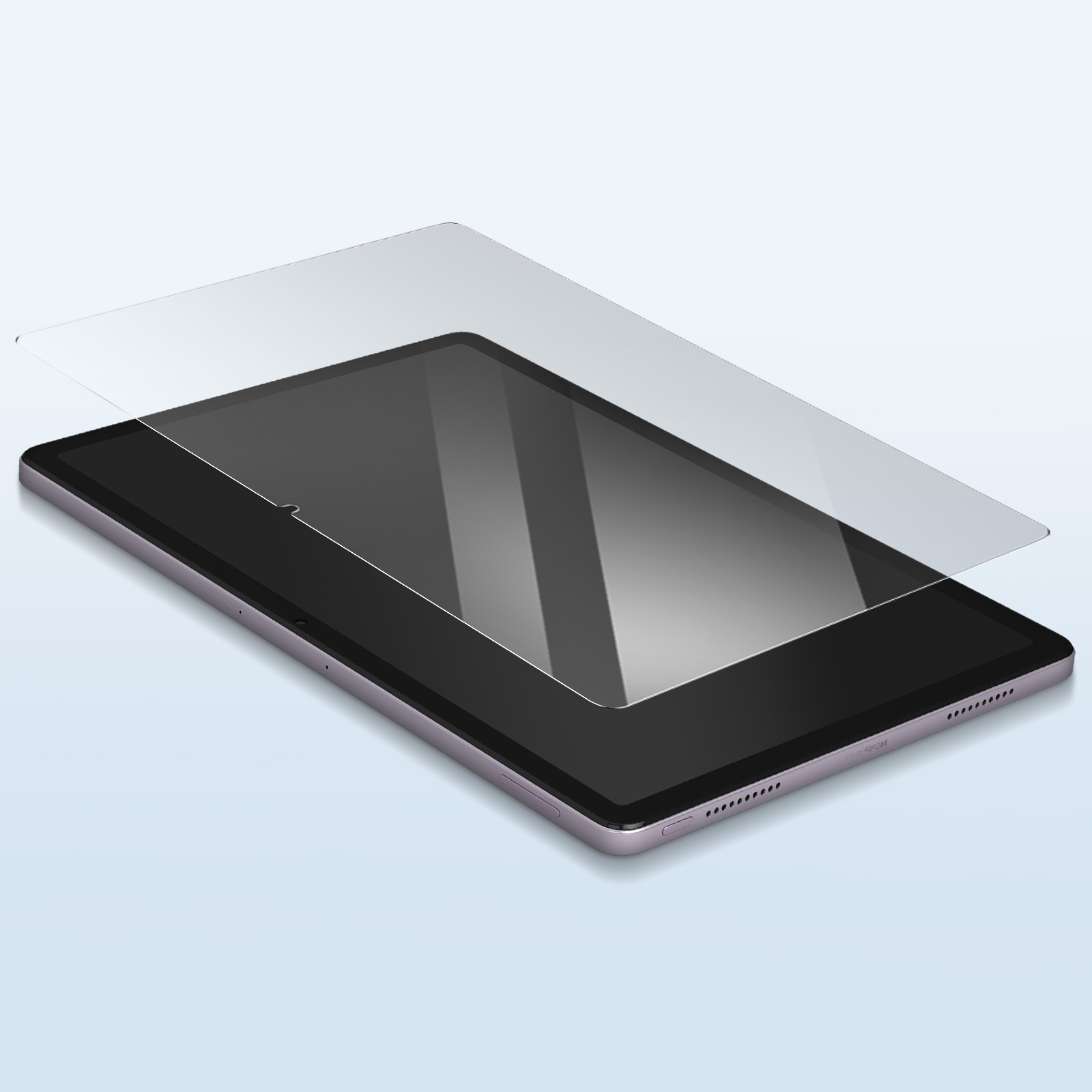 Un tablet con una protezione per lo schermo in fase di applicazione. Il tablet è nero, la protezione trasparente.